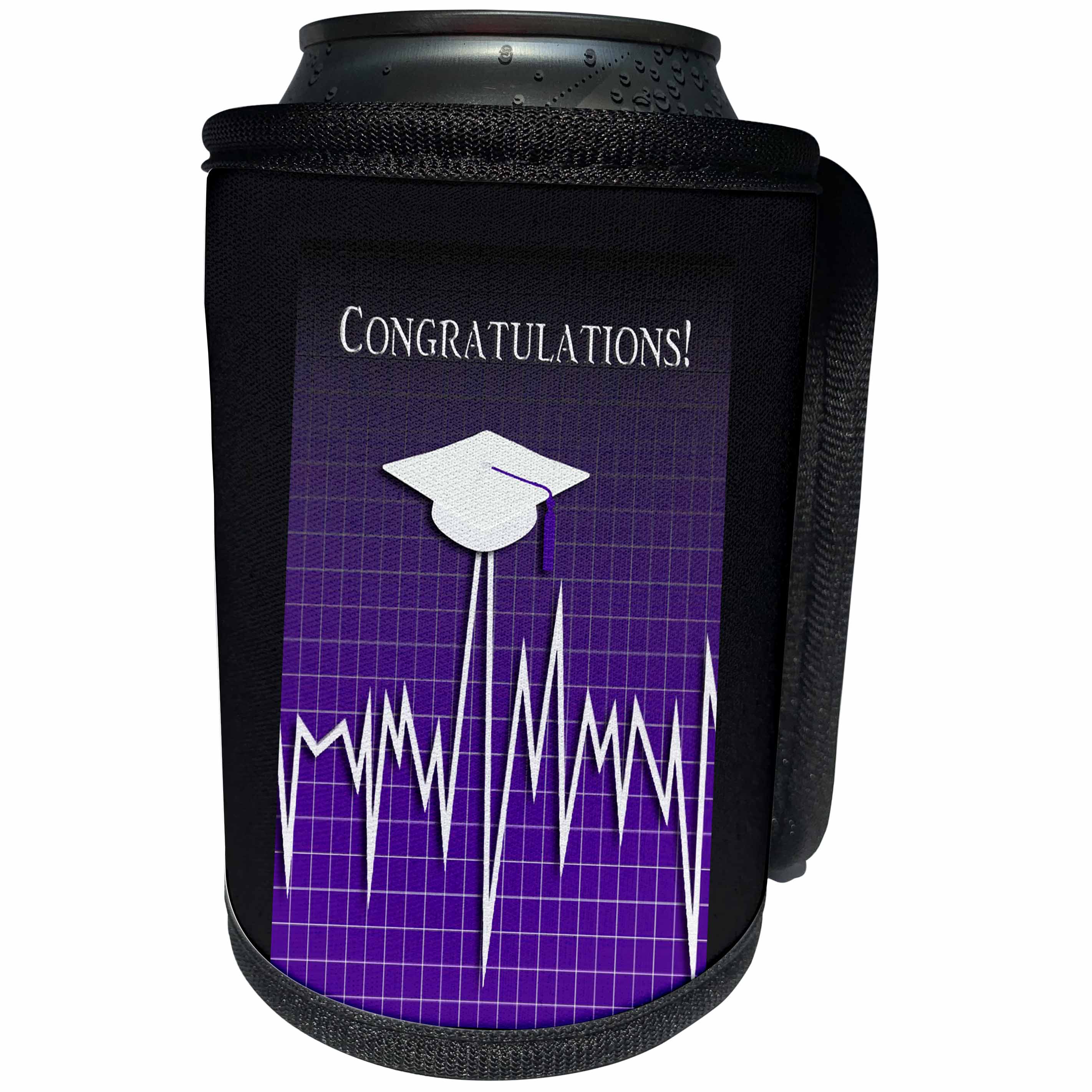 3dRose Beverly Turner Graduation Design - Medical Theme, Congratulations, Heart Beat Graph, Grad, Cap, Purple - Can Cooler Bottle Wrap (cc_234544)