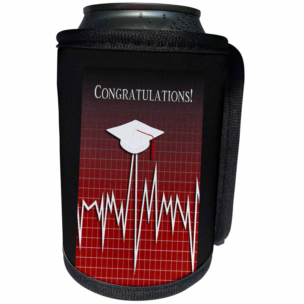 3dRose Beverly Turner Graduation Design - Medical Theme, Congratulations, Heart Beat Graph, Graduation, Cap, Red - Can Cooler Bottle Wrap (cc_234546)