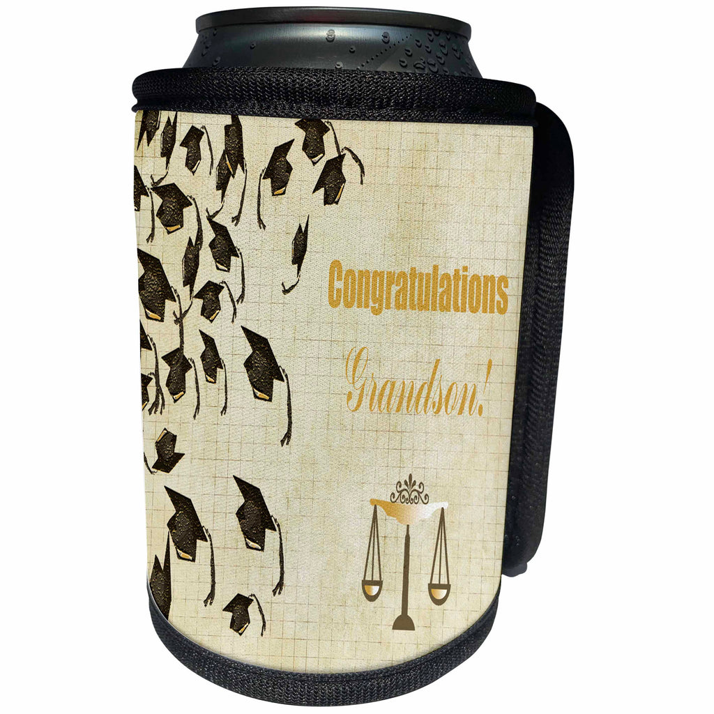 3dRose Beverly Turner Graduation Design - Graduation Caps Falling, Gold, Brown, Beige, Congratulation Grandson - Can Cooler Bottle Wrap (cc_234547)