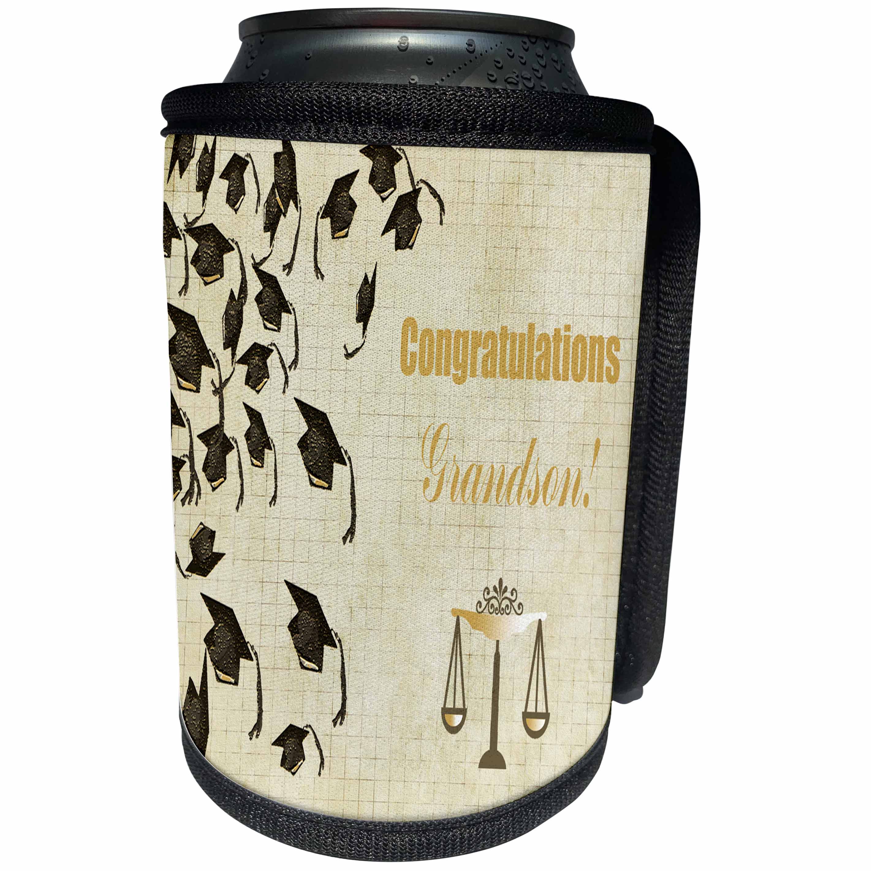 3dRose Beverly Turner Graduation Design - Graduation Caps Falling, Gold, Brown, Beige, Congratulation Grandson - Can Cooler Bottle Wrap (cc_234547)