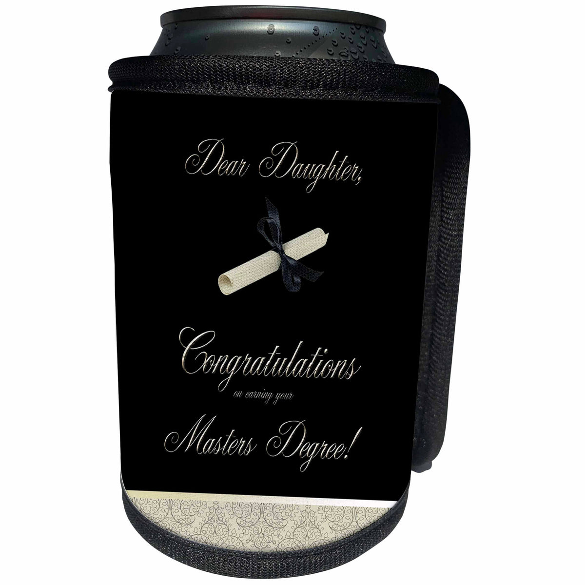 3dRose Beverly Turner Graduation Design - Congratulations, Masters Degree, To Daughter, Diploma and Damask - Can Cooler Bottle Wrap (cc_234548)