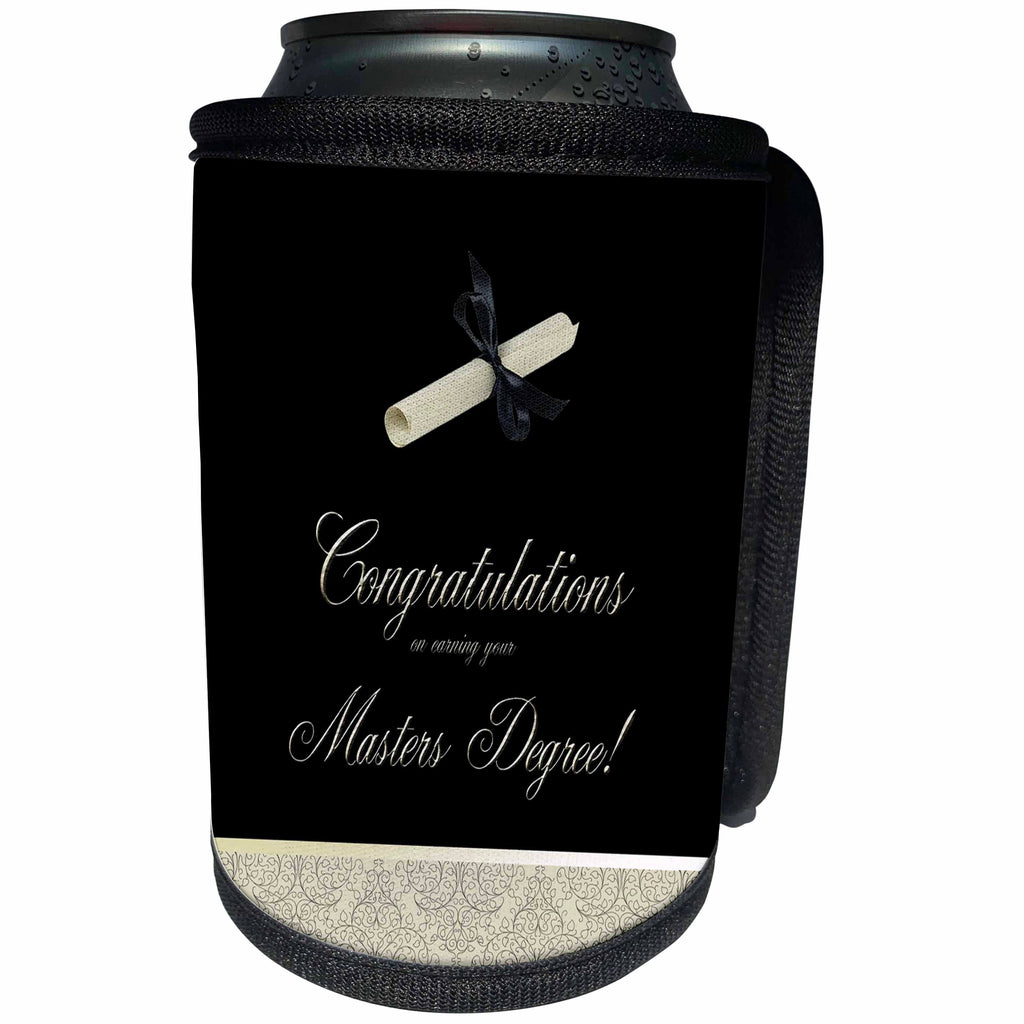3dRose Beverly Turner Graduation Design - Congratulations, Masters Degree, Diploma and Damask, Gold and Black - Can Cooler Bottle Wrap (cc_234549)
