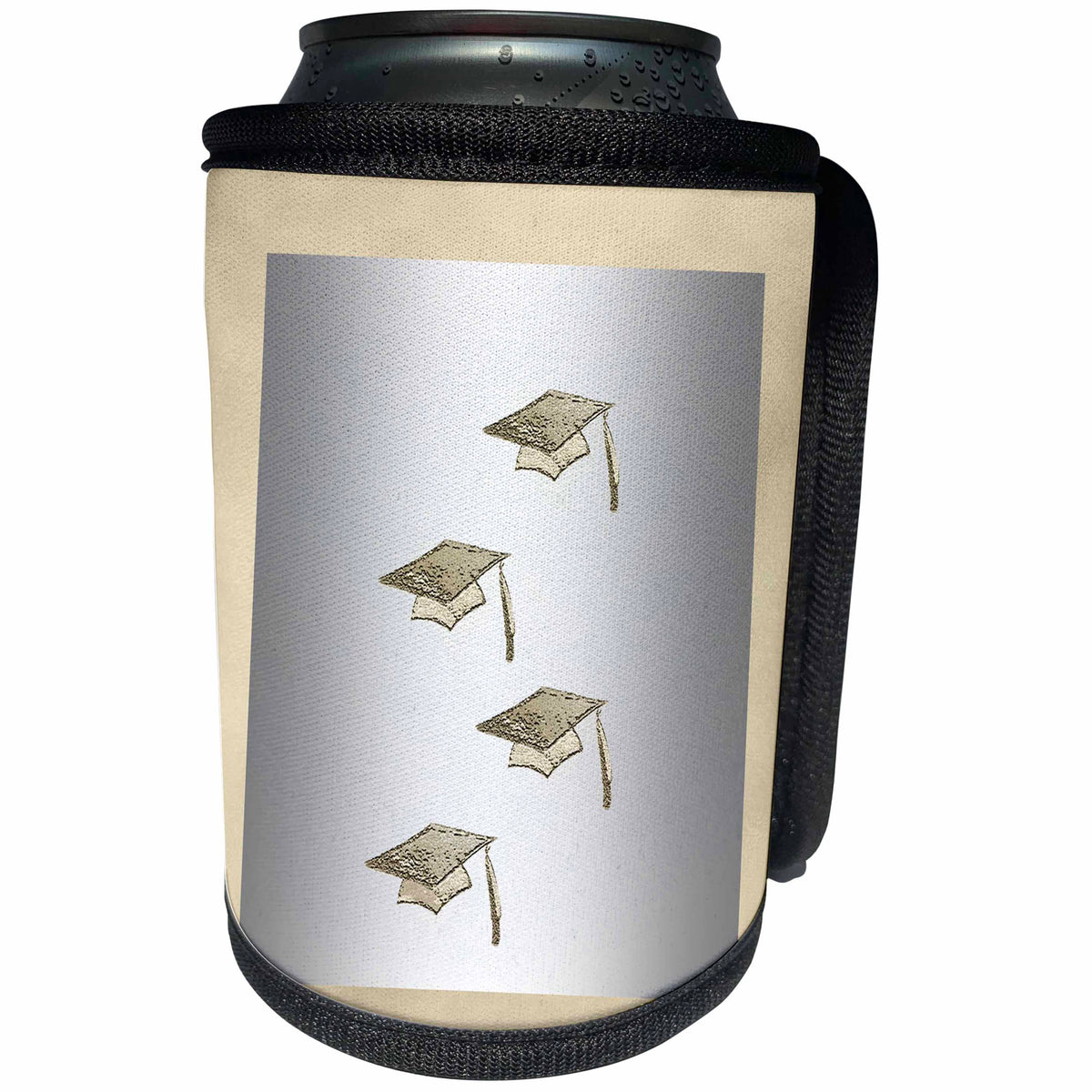 3dRose Beverly Turner Graduation Design - Gold Graduation Caps on Silver and Gold - Can Cooler Bottle Wrap (cc_234550)