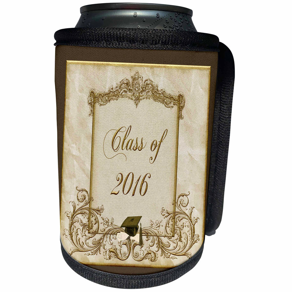 3dRose Beverly Turner Graduation Design - Beautiful Elegant Gold Frame with Brown Cap and Tassel, Class of 2016 - Can Cooler Bottle Wrap (cc_234566)