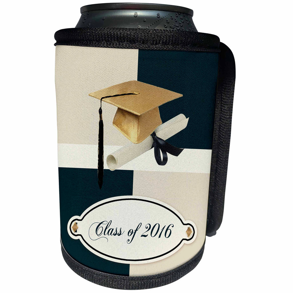 3dRose Beverly Turner Graduation Design - Gold Graduation Cap and Diploma, Dark Green and Beige, Class of 2016 - Can Cooler Bottle Wrap (cc_234572)