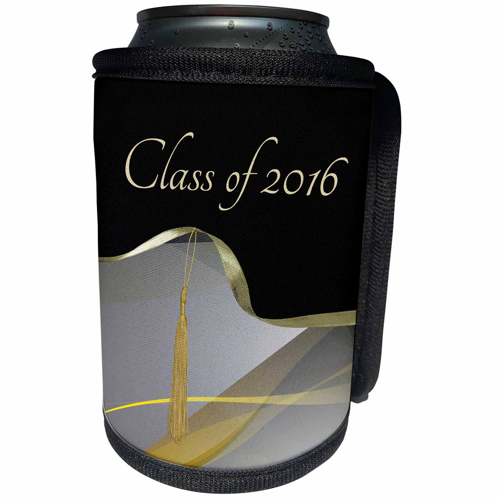 3dRose Beverly Turner Graduation Design - Class of 2016, Tassel on Ribbon on Beautiful Abstract, Gold and Gray - Can Cooler Bottle Wrap (cc_234573)