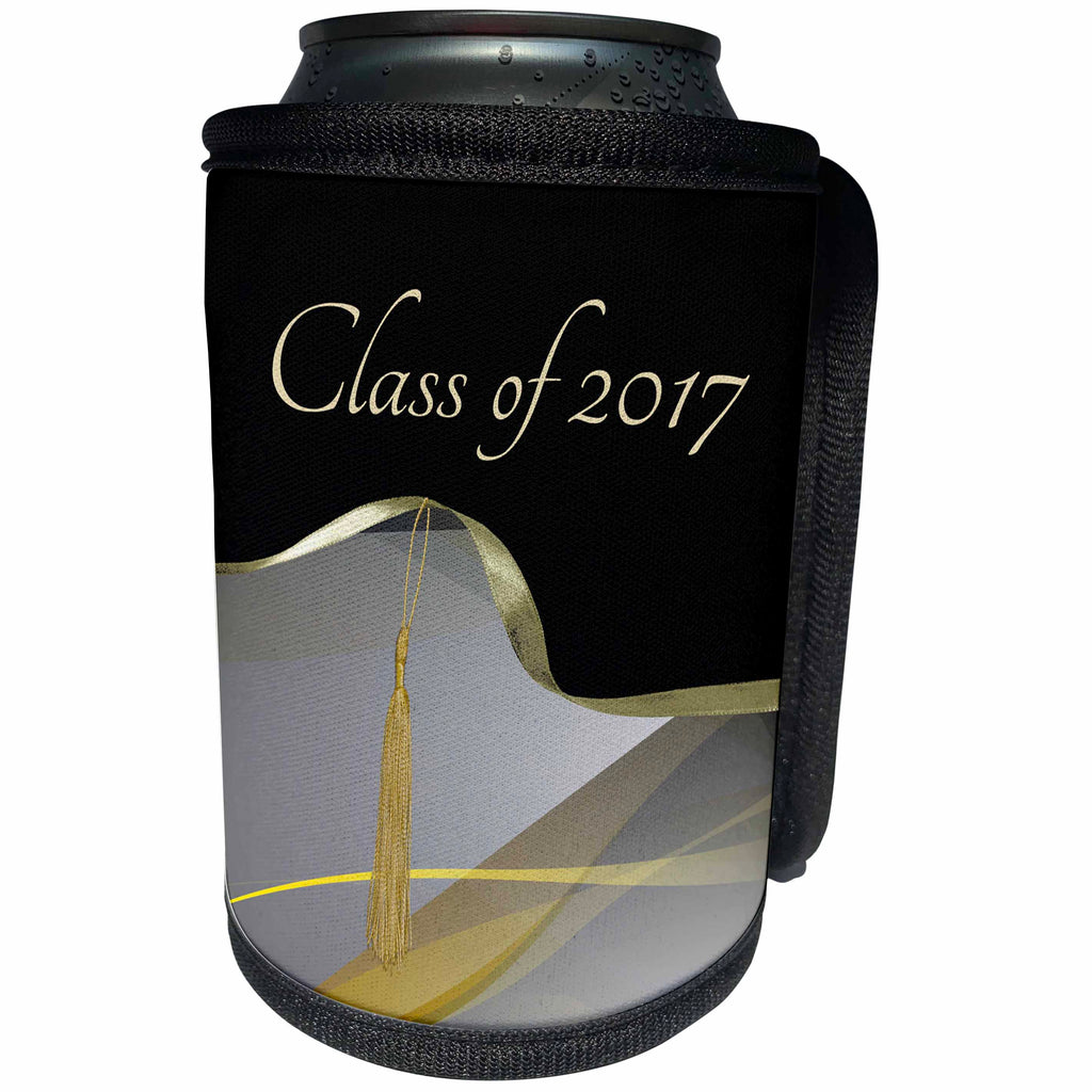 3dRose Beverly Turner Graduation Design - Class of 2017, Tassel on Ribbon on Beautiful Abstract, Gold and Gray - Can Cooler Bottle Wrap (cc_234574)