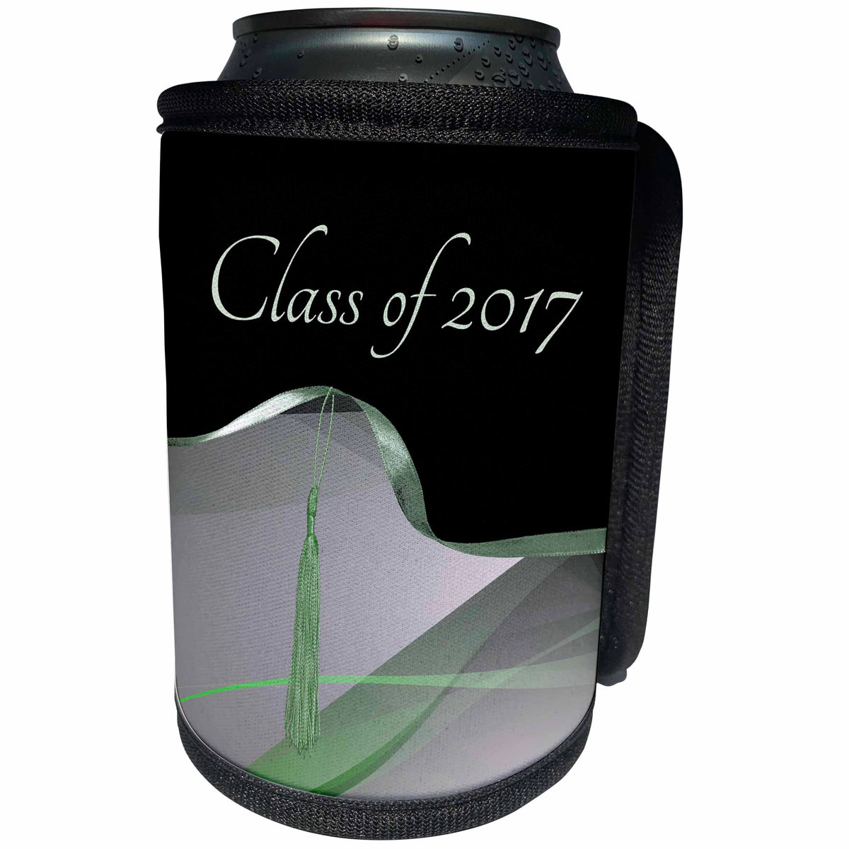3dRose Beverly Turner Graduation Design - Class of 2017, Tassel on Ribbon on Beautiful Abstract, Green and Gray - Can Cooler Bottle Wrap (cc_234578)