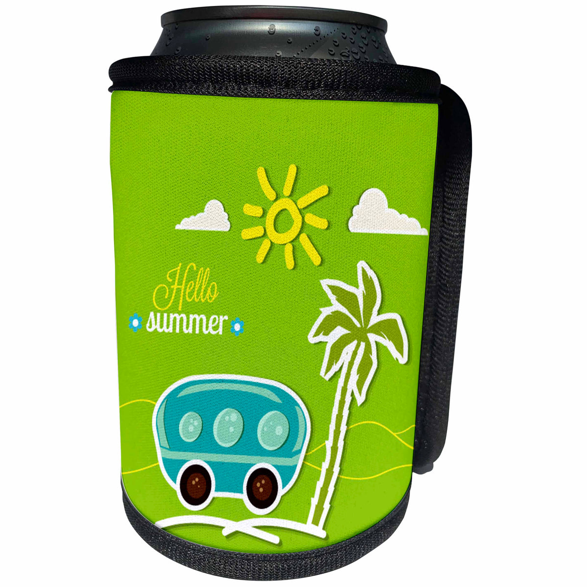 3dRose Anne Marie Baugh - Summer - Cute Summer Design With An Aqua Camper and Palm Tree On Green - Can Cooler Bottle Wrap (cc_235727)