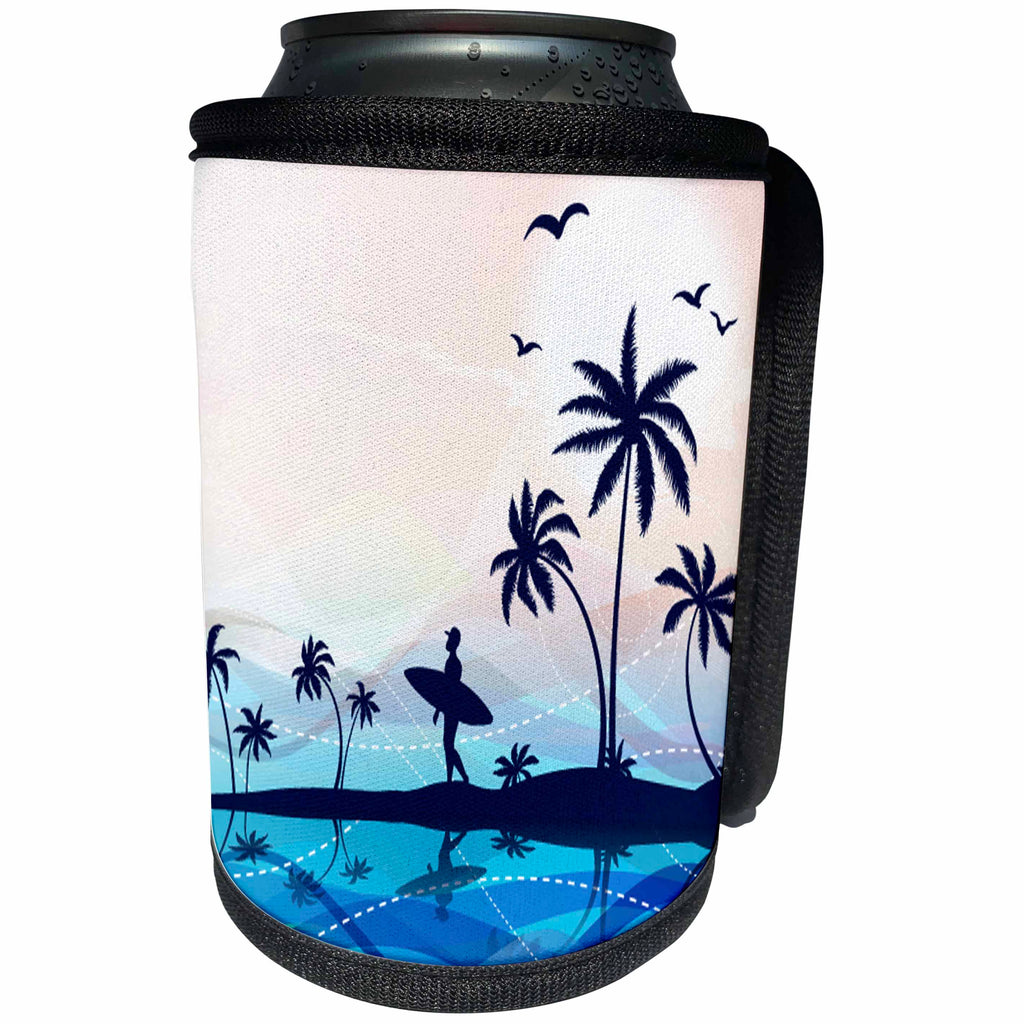 3dRose Anne Marie Baugh - Tropical - A Surfer Silhouette Walking Down A Palm Tree Beach In Blue - Can Cooler Bottle Wrap (cc_235729)