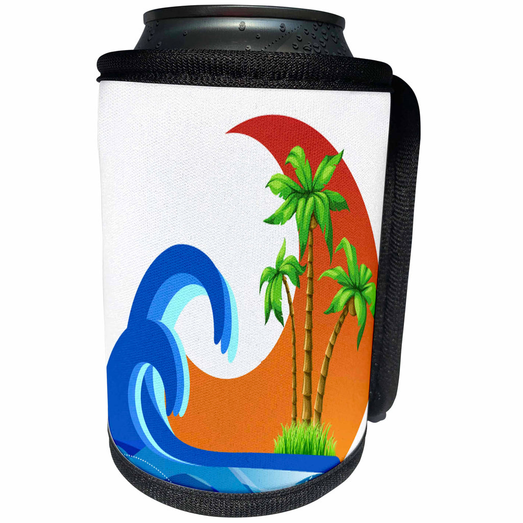 3dRose Anne Marie Baugh - Tropical - Three Palm Trees In The Arc Of An Orange Sun With A Blue Wave Design - Can Cooler Bottle Wrap (cc_235730)