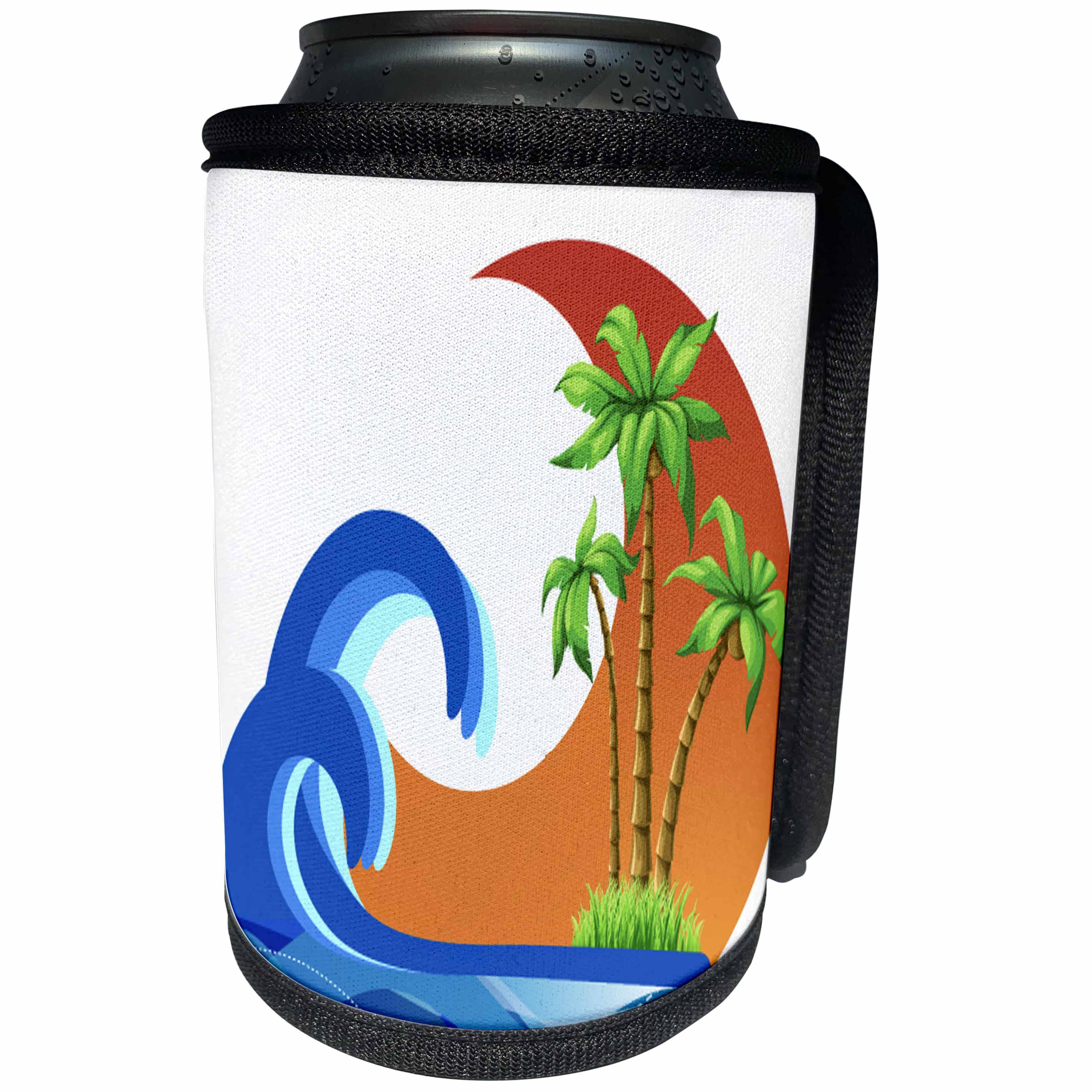 3dRose Anne Marie Baugh - Tropical - Three Palm Trees In The Arc Of An Orange Sun With A Blue Wave Design - Can Cooler Bottle Wrap (cc_235730)