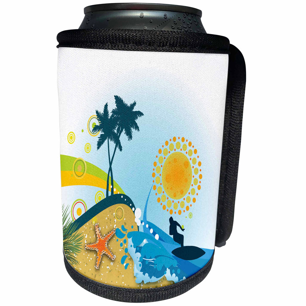 3dRose Anne Marie Baugh - Tropical - A Surfer Silhouette Surfing Against A Circles Sun With Palm Trees Design - Can Cooler Bottle Wrap (cc_235731)