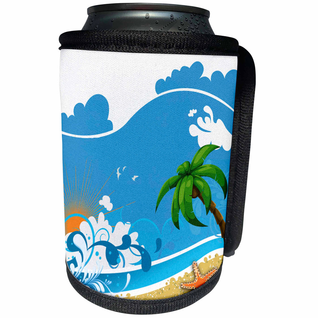 3dRose Anne Marie Baugh - Tropical - A Palm Tree Against A Blue Sky With A Sun and Star Fish Design - Can Cooler Bottle Wrap (cc_235732)