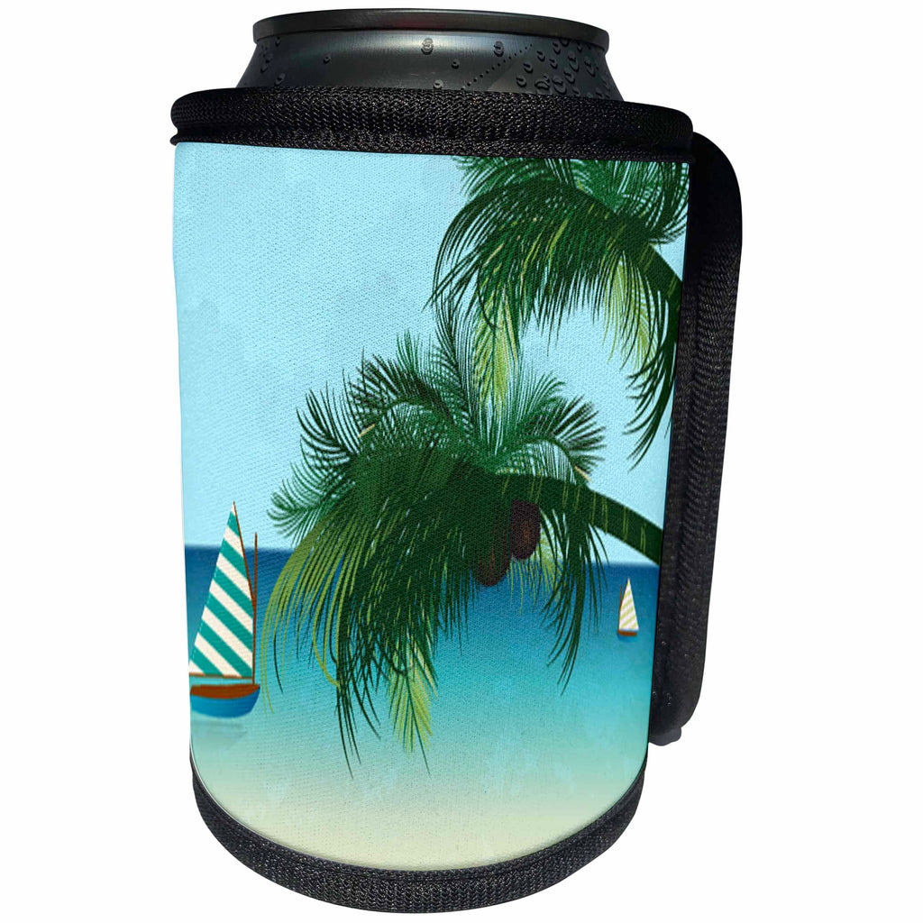 3dRose Anne Marie Baugh - Tropical - Two Boats On A Calm Bay With Two Arcing Palm Trees Design - Can Cooler Bottle Wrap (cc_235734)