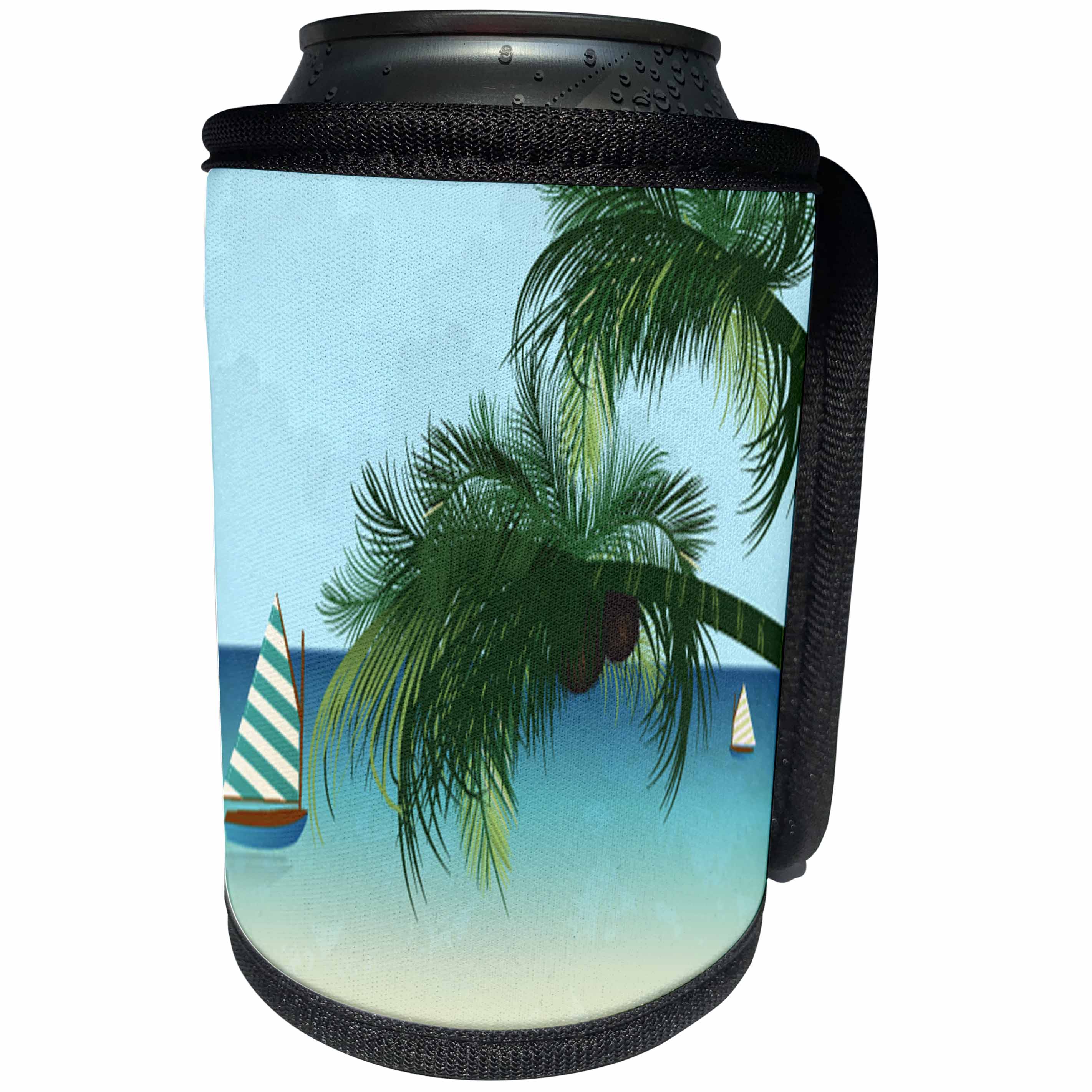 3dRose Anne Marie Baugh - Tropical - Two Boats On A Calm Bay With Two Arcing Palm Trees Design - Can Cooler Bottle Wrap (cc_235734)