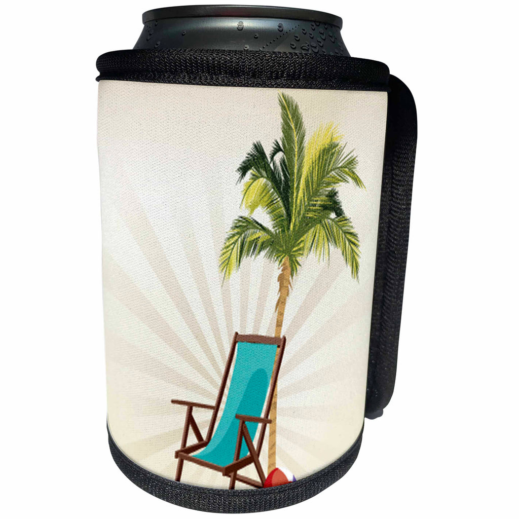 3dRose Anne Marie Baugh - Tropical - One Palm Tree With A Beach Lounge Chair and Flip Flops Design - Can Cooler Bottle Wrap (cc_235736)