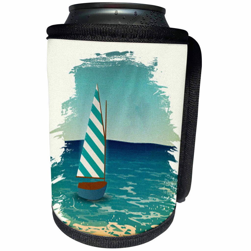3dRose Anne Marie Baugh - Tropical - One Aqua and White Sail Boat On The Sea Design - Can Cooler Bottle Wrap (cc_235737)