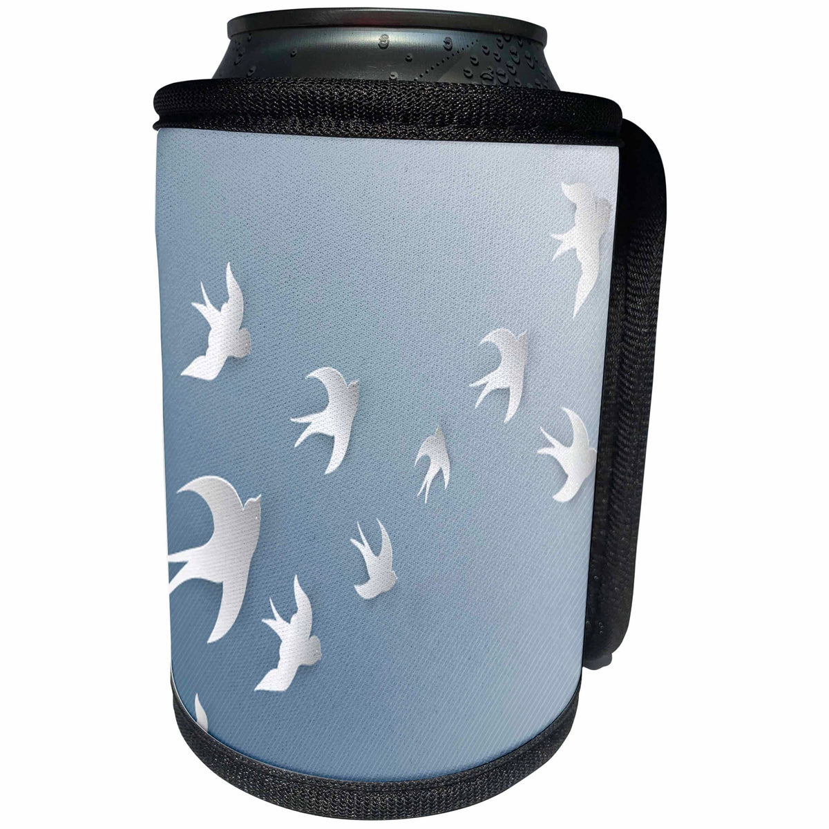 3dRose Anne Marie Baugh - Birds - Cute White Birds Against A Blue Striped Background - Can Cooler Bottle Wrap (cc_235740)