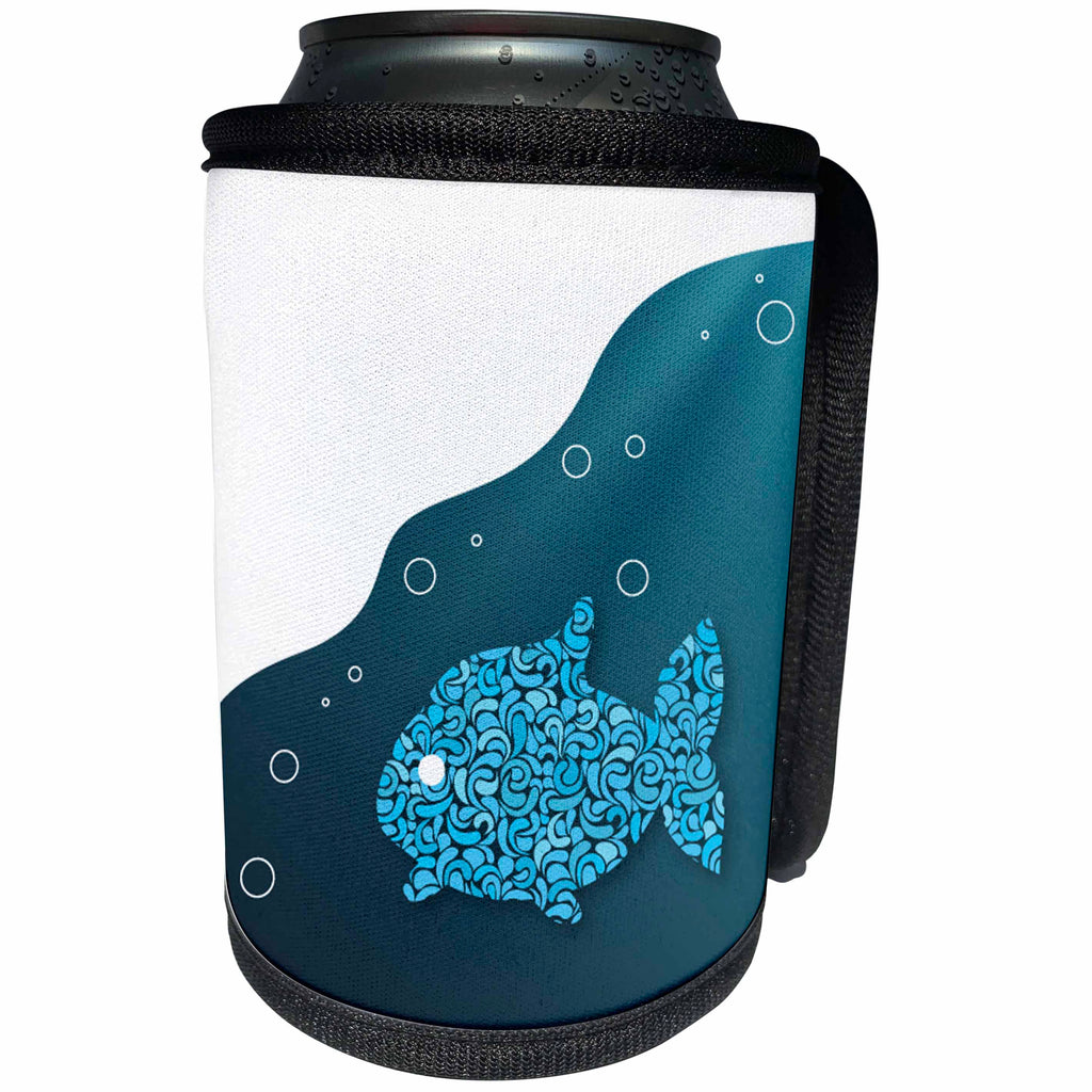 3dRose Anne Marie Baugh - Tropical - Cute Blue Flourish Fish In The Ocean Design - Can Cooler Bottle Wrap (cc_235741)