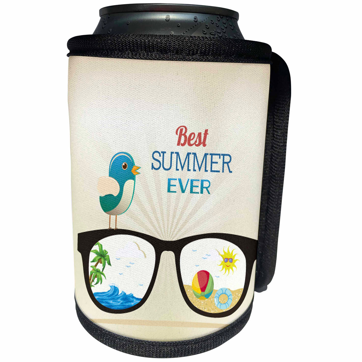 3dRose Anne Marie Baugh - Summer - Cute Glasses With The Beach, Palm Trees, Sand, Sun In The Lens - Can Cooler Bottle Wrap (cc_235743)