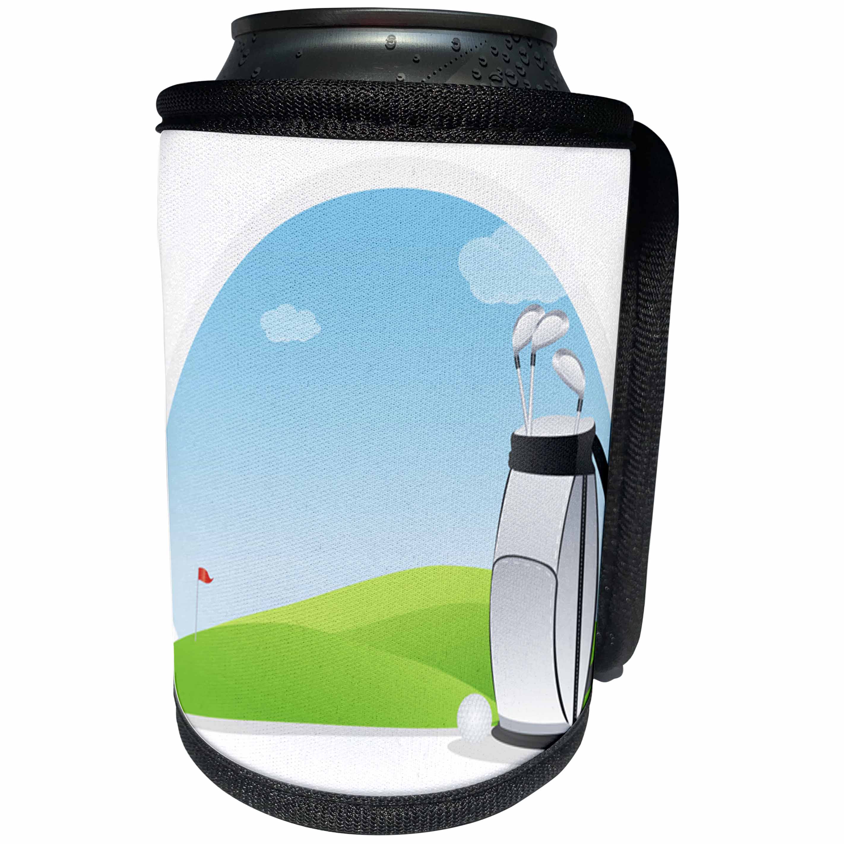 3dRose Anne Marie Baugh - Golf - A Golf Bag Of Golf Clubs and a Golf Ball Illustration - Can Cooler Bottle Wrap (cc_235760)