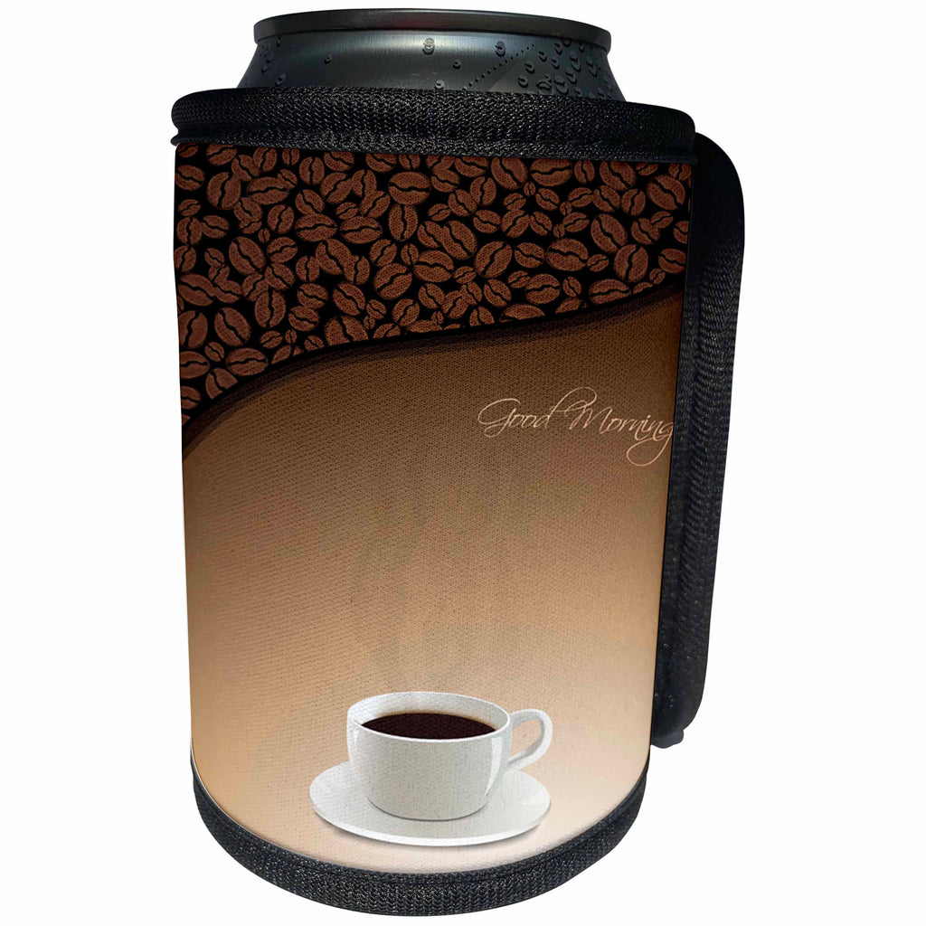 3dRose Anne Marie Baugh - Coffee - A Cup Of Coffee With a Coffee Bean Background and Good Morning - Can Cooler Bottle Wrap (cc_235763)