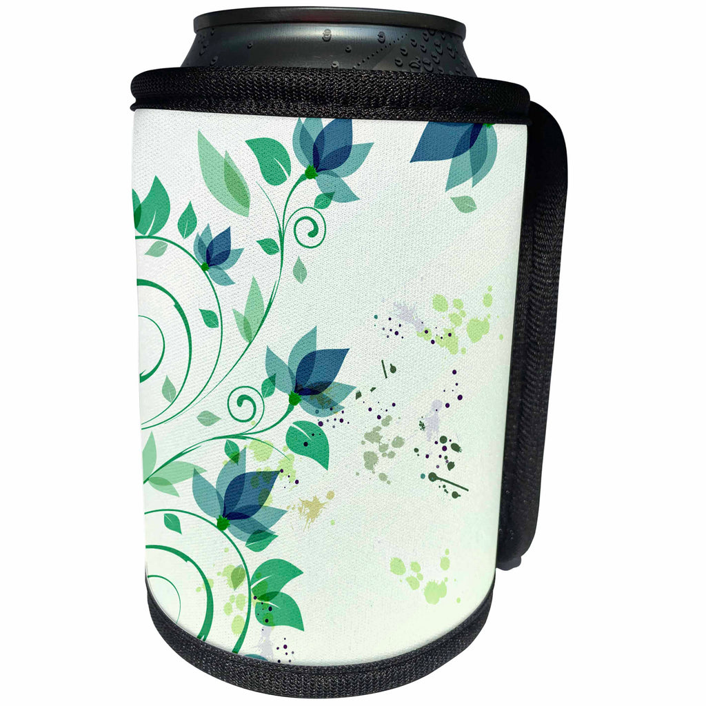 3dRose Anne Marie Baugh - Flowers - Pretty Teal Blue and Green Flowers and Swirls On A Splatter Background - Can Cooler Bottle Wrap (cc_235785)