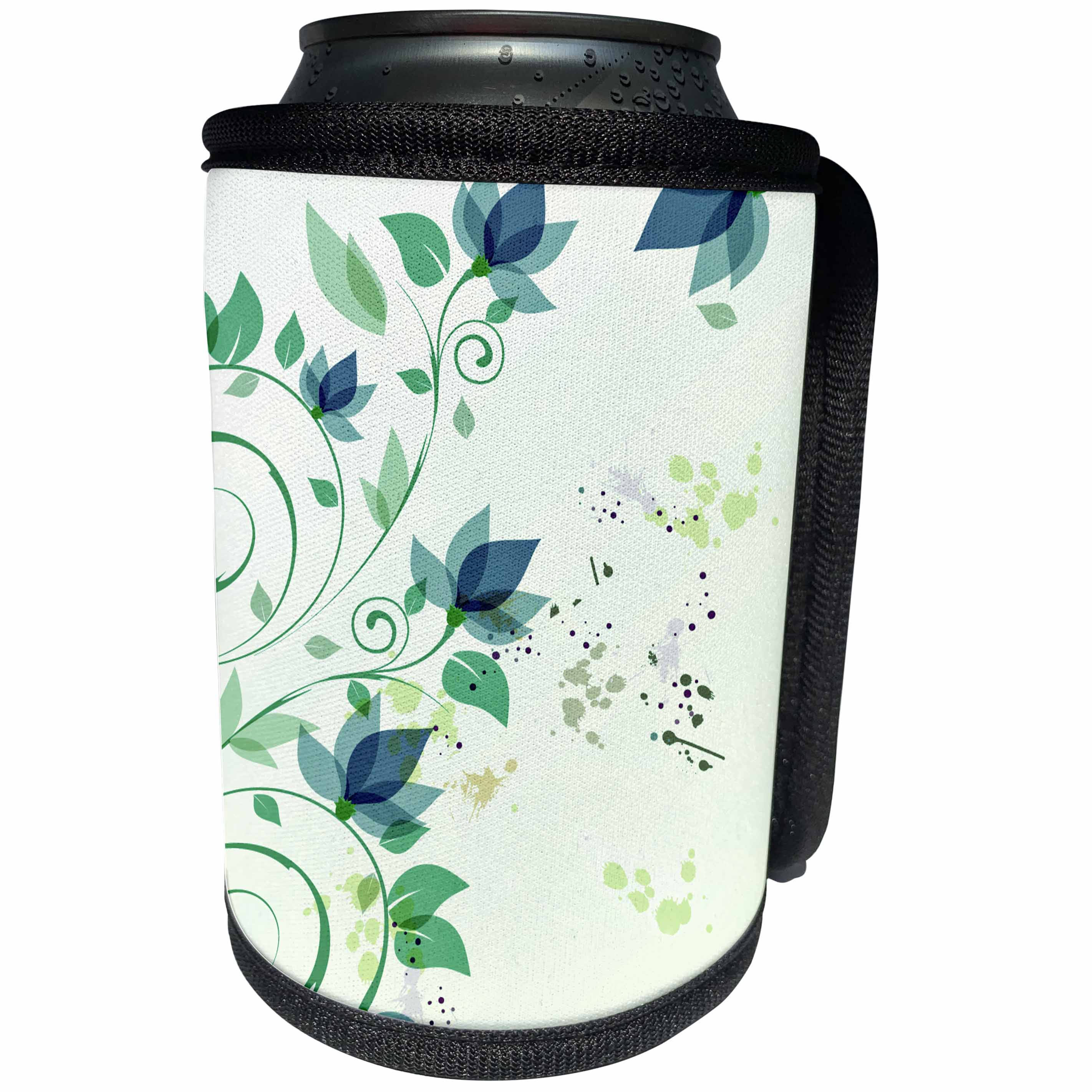 3dRose Anne Marie Baugh - Flowers - Pretty Teal Blue and Green Flowers and Swirls On A Splatter Background - Can Cooler Bottle Wrap (cc_235785)