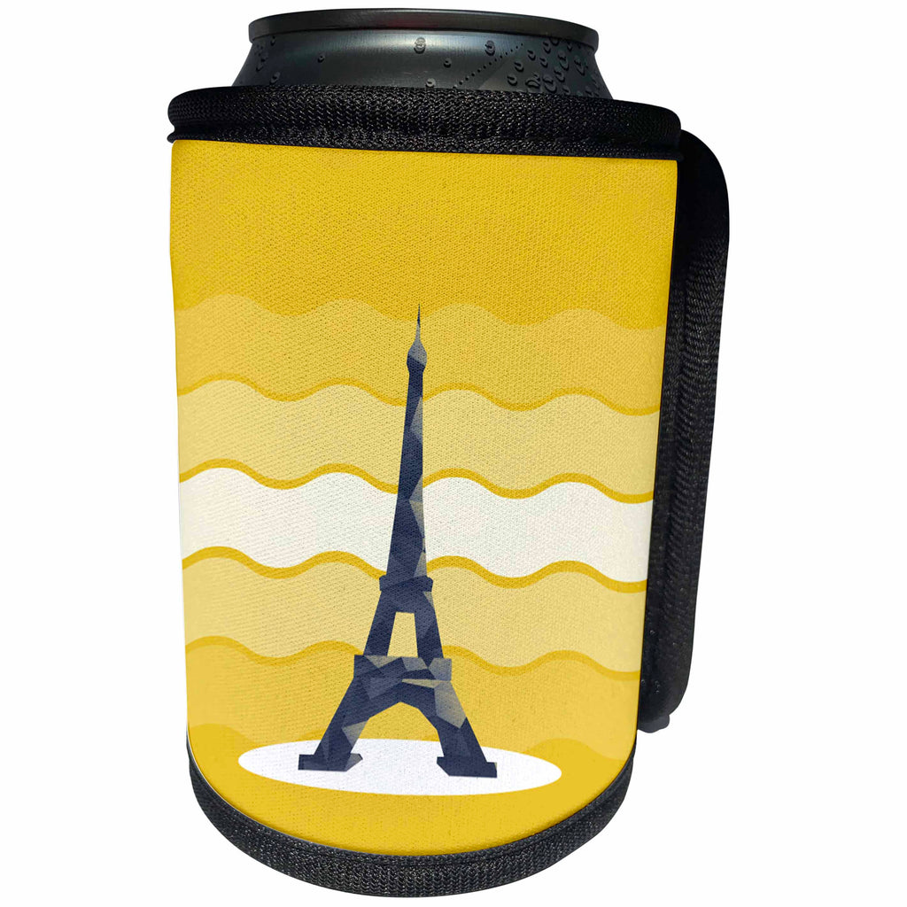 3dRose Anne Marie Baugh - France - The Eiffel Tower Against A Wavy Yellow Background - Can Cooler Bottle Wrap (cc_235795)
