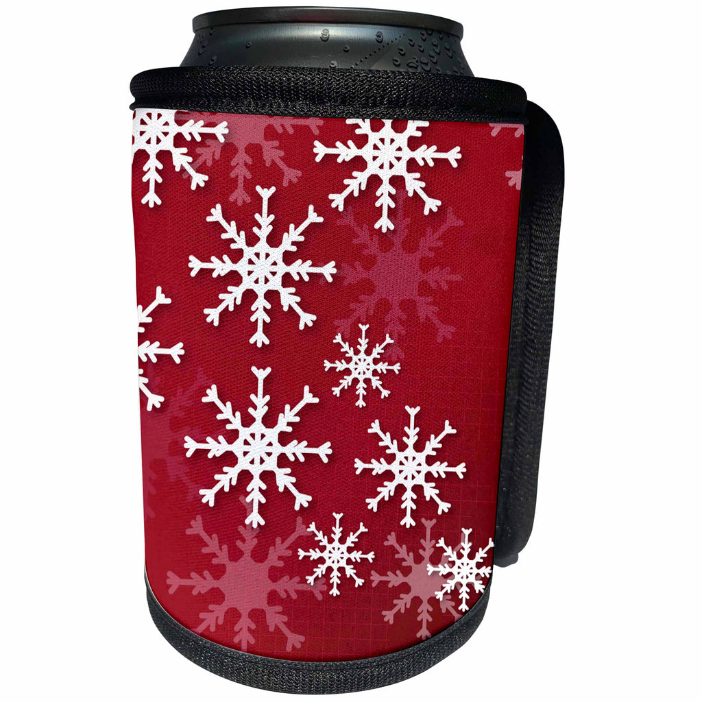 3dRose Anne Marie Baugh - Snowflakes - Pretty White Snowflakes Against A Red Graph Background - Can Cooler Bottle Wrap (cc_235815)