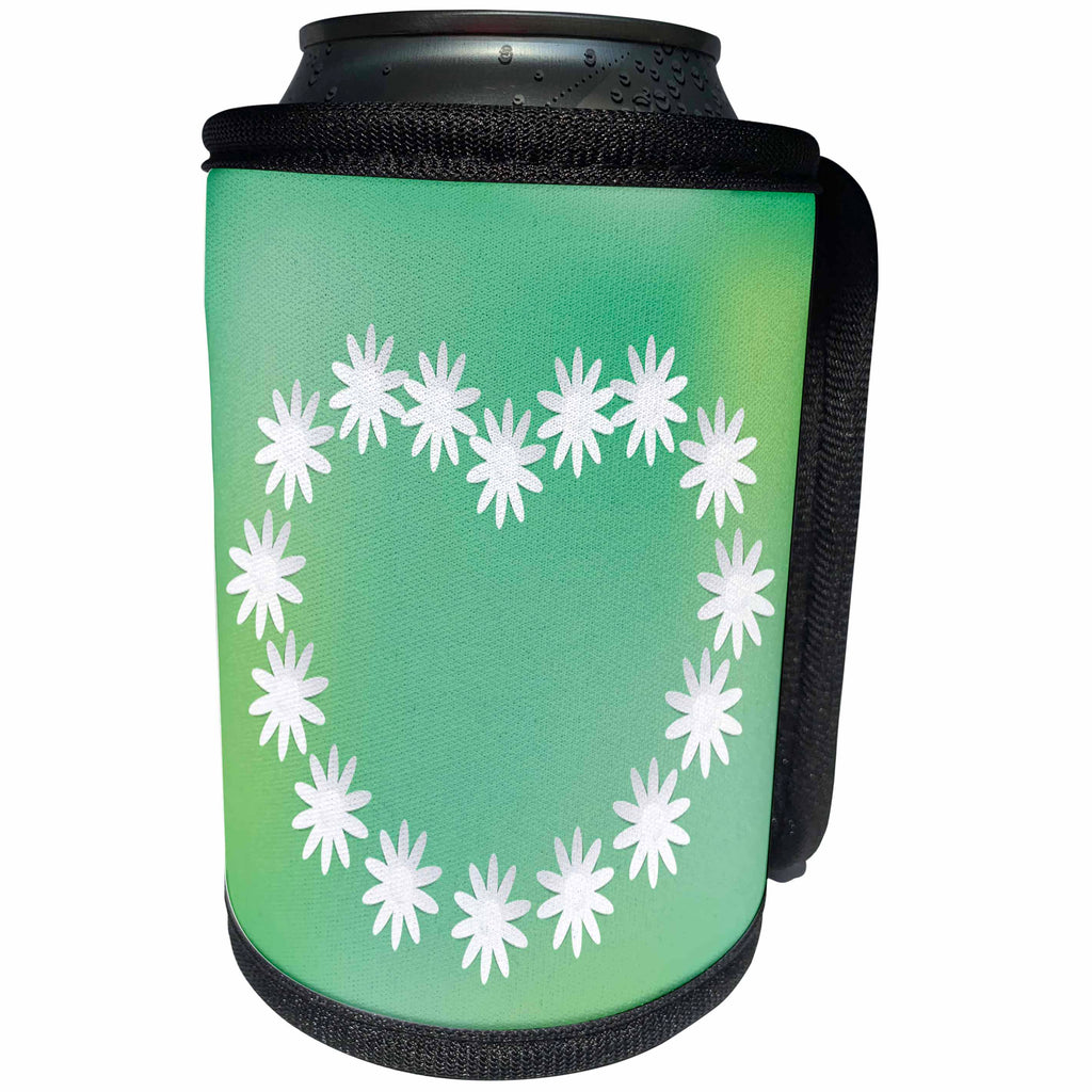 3dRose Anne Marie Baugh - Hearts - Pretty Little White Flowers Makes A Heart Against A Green Background - Can Cooler Bottle Wrap (cc_235817)