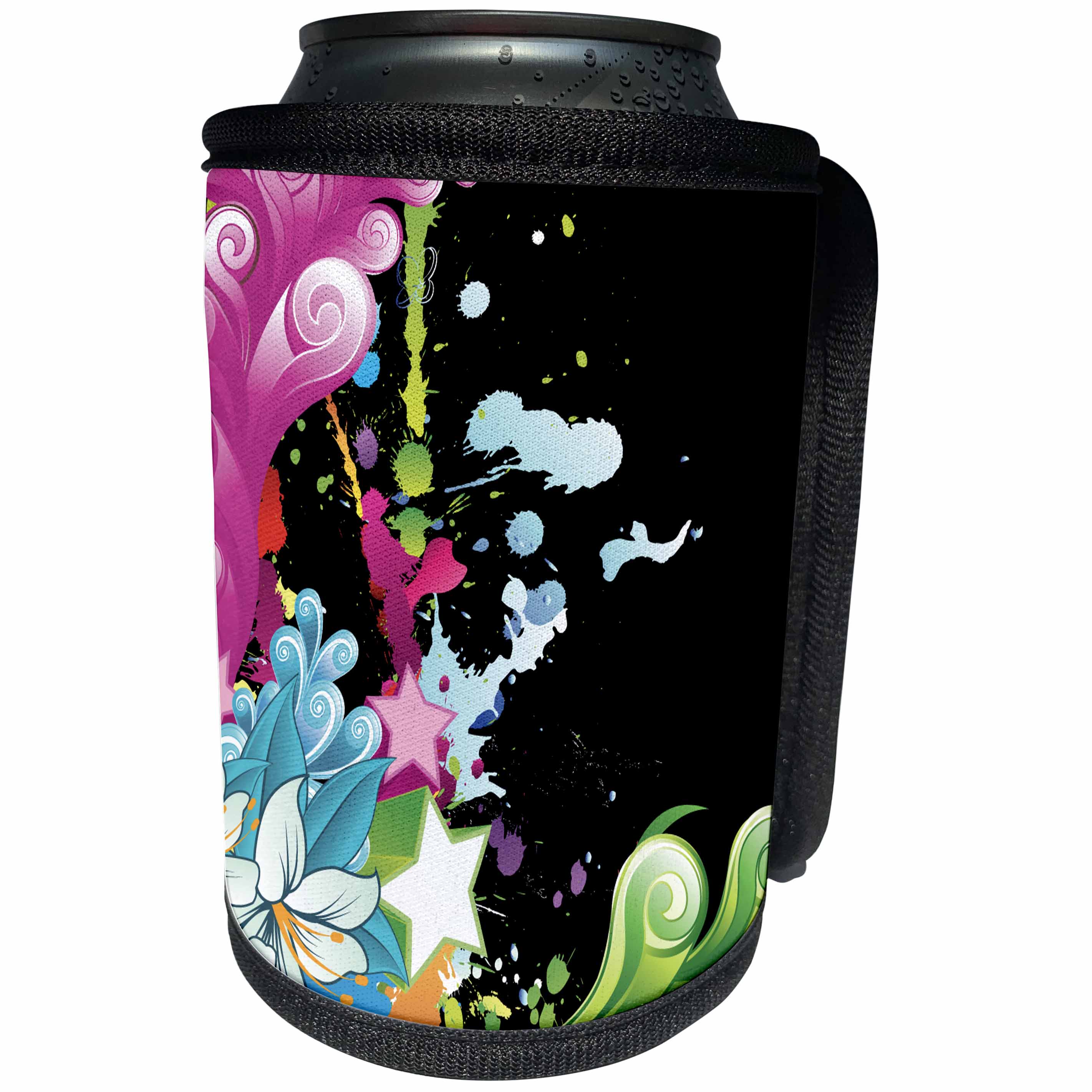 3dRose Anne Marie Baugh - Flowers - Contemporary Flowers and Flourishes Against A Paint Splatter Background - Can Cooler Bottle Wrap (cc_235823)