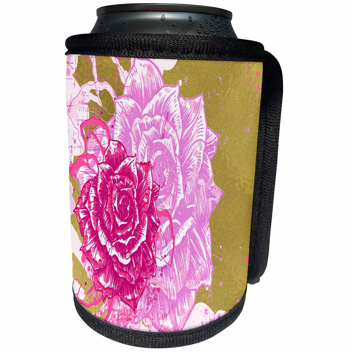 3dRose Anne Marie Baugh - Flowers - Pink Rose Over A Larger Light Pink Rose On A Gold Background - Can Cooler Bottle Wrap (cc_236009)