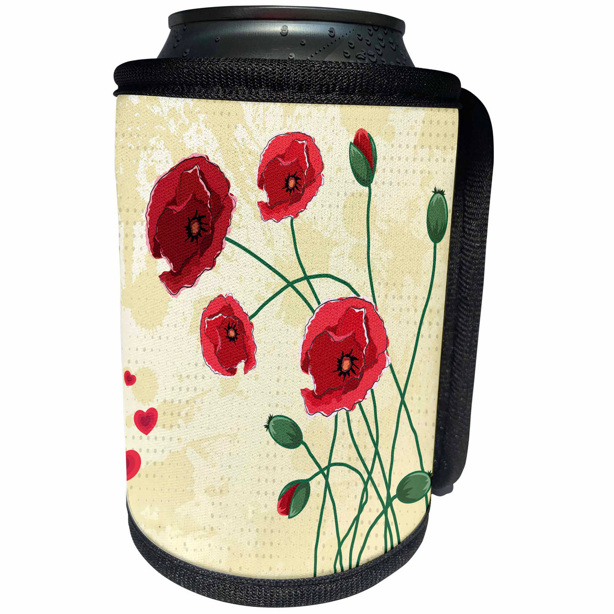 3dRose Anne Marie Baugh - Flowers - Pretty Pink Poppy Flowers On A Beige Polka Dot Background - Can Cooler Bottle Wrap (cc_236013)