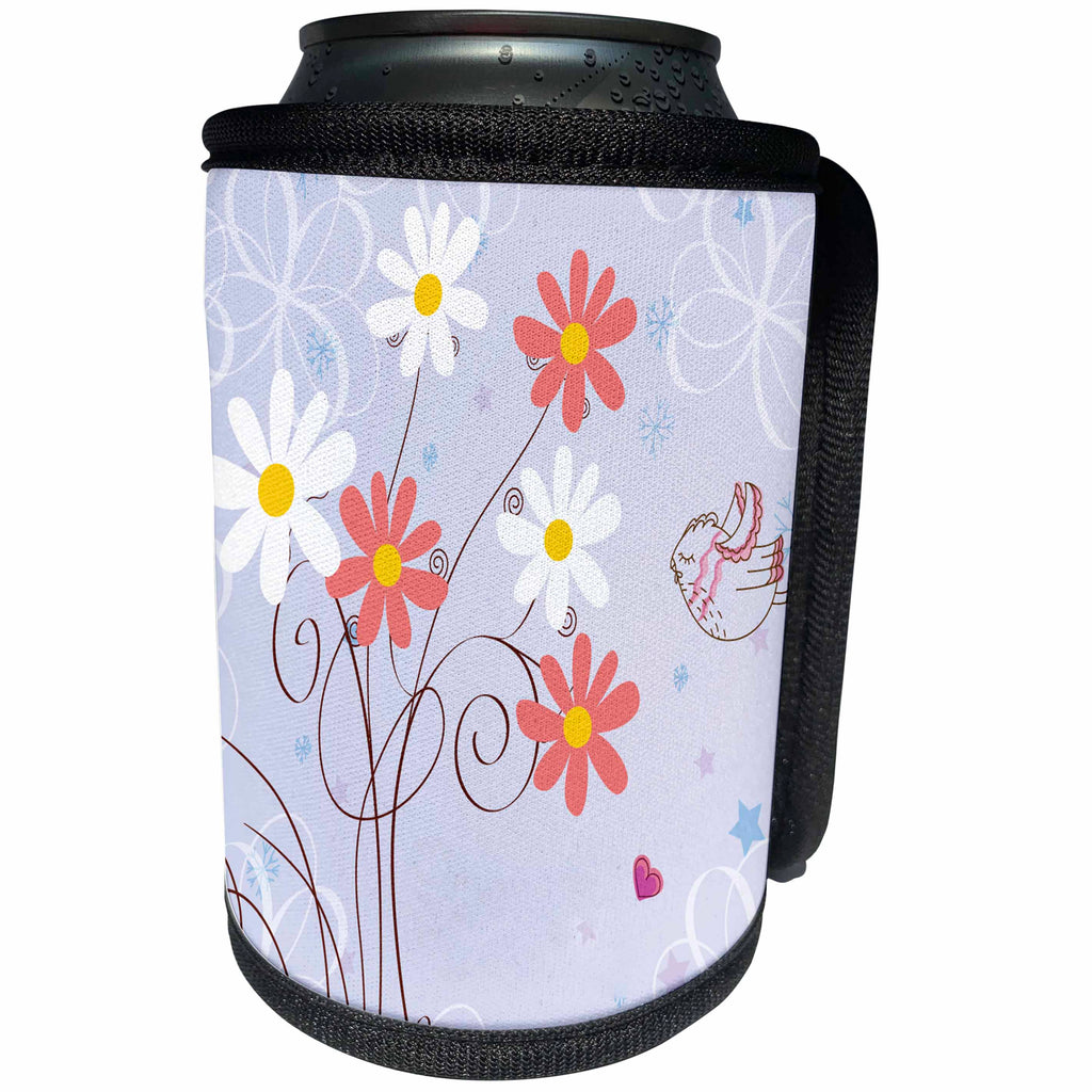 3dRose Anne Marie Baugh - Flowers - Cute Pink and White Daisies With A Bird - Can Cooler Bottle Wrap (cc_236015)