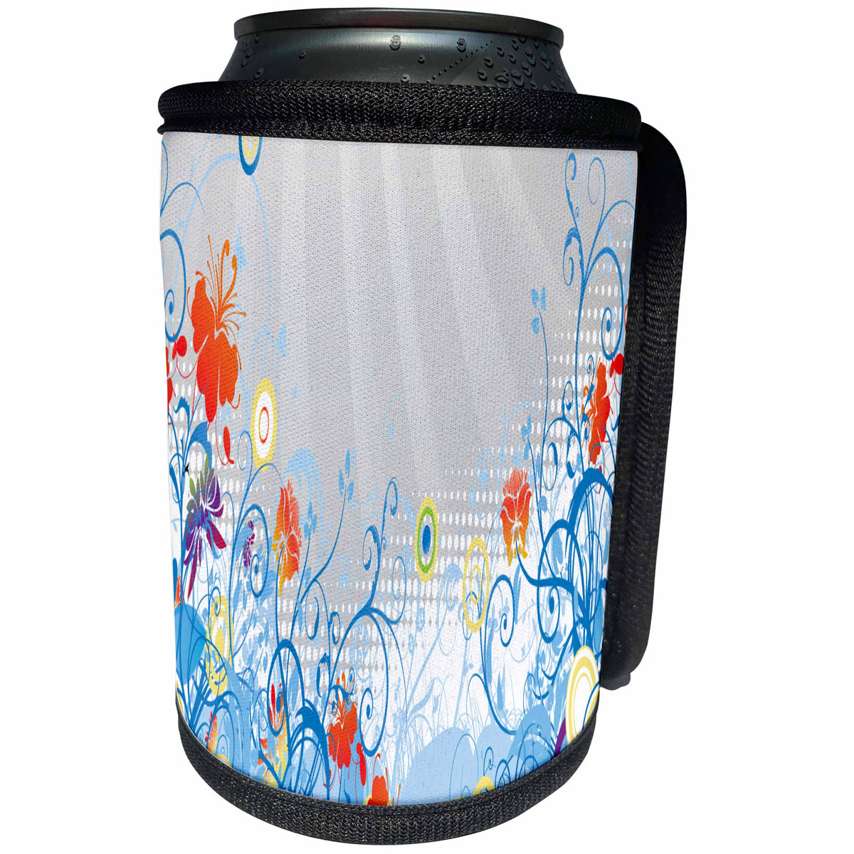 3dRose Anne Marie Baugh - Flowers - Pretty Orange and Blue Florals Against Gray Sun Rays - Can Cooler Bottle Wrap (cc_236017)