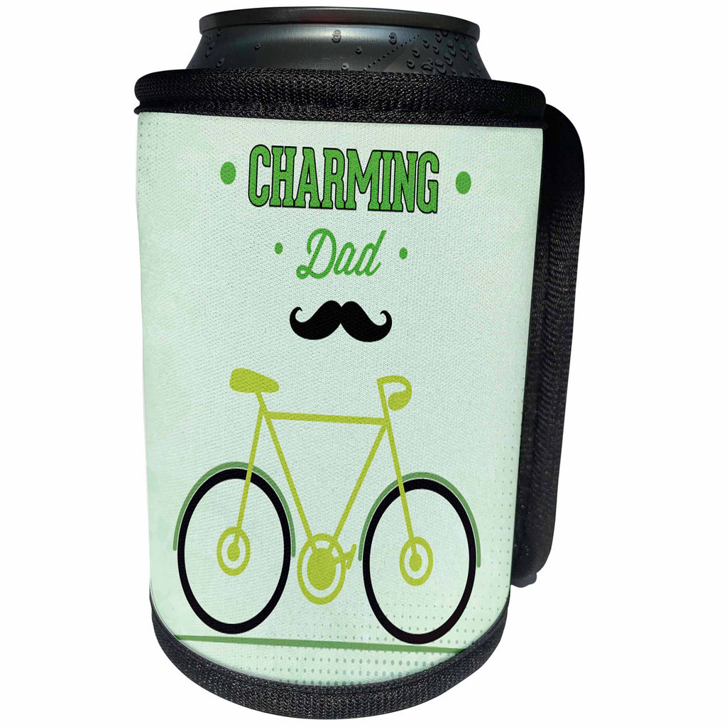 3dRose Anne Marie Baugh - Fathers Day - Charming Dad Words With A Mustache And Bike In Green - Can Cooler Bottle Wrap (cc_236024)