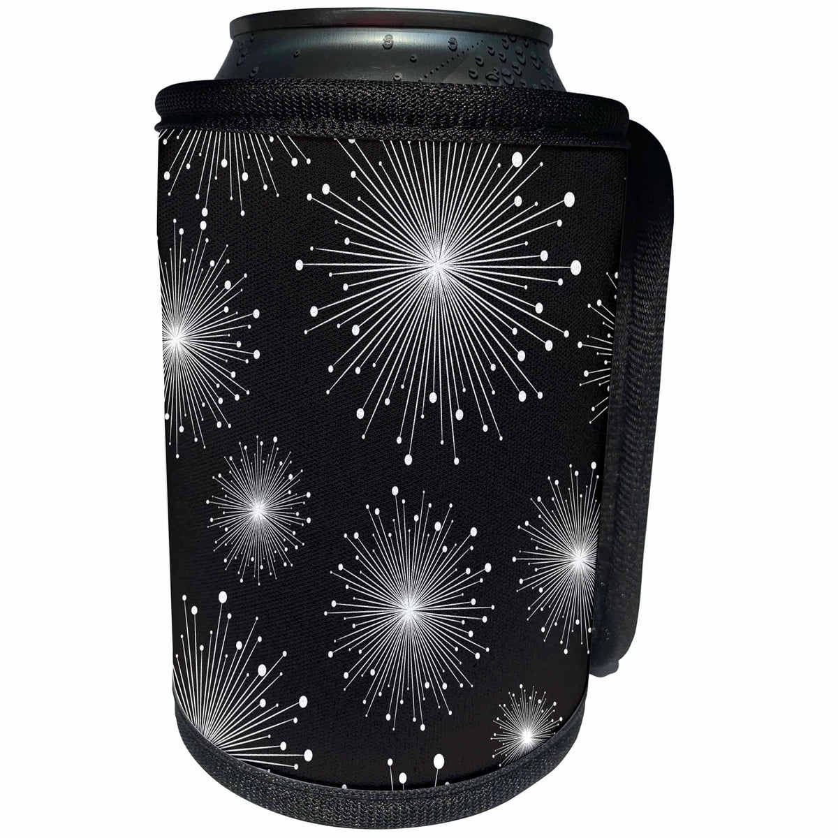 3dRose Anne Marie Baugh - Stars - Bright White Star Bursts On A Black Background - Can Cooler Bottle Wrap (cc_236025)