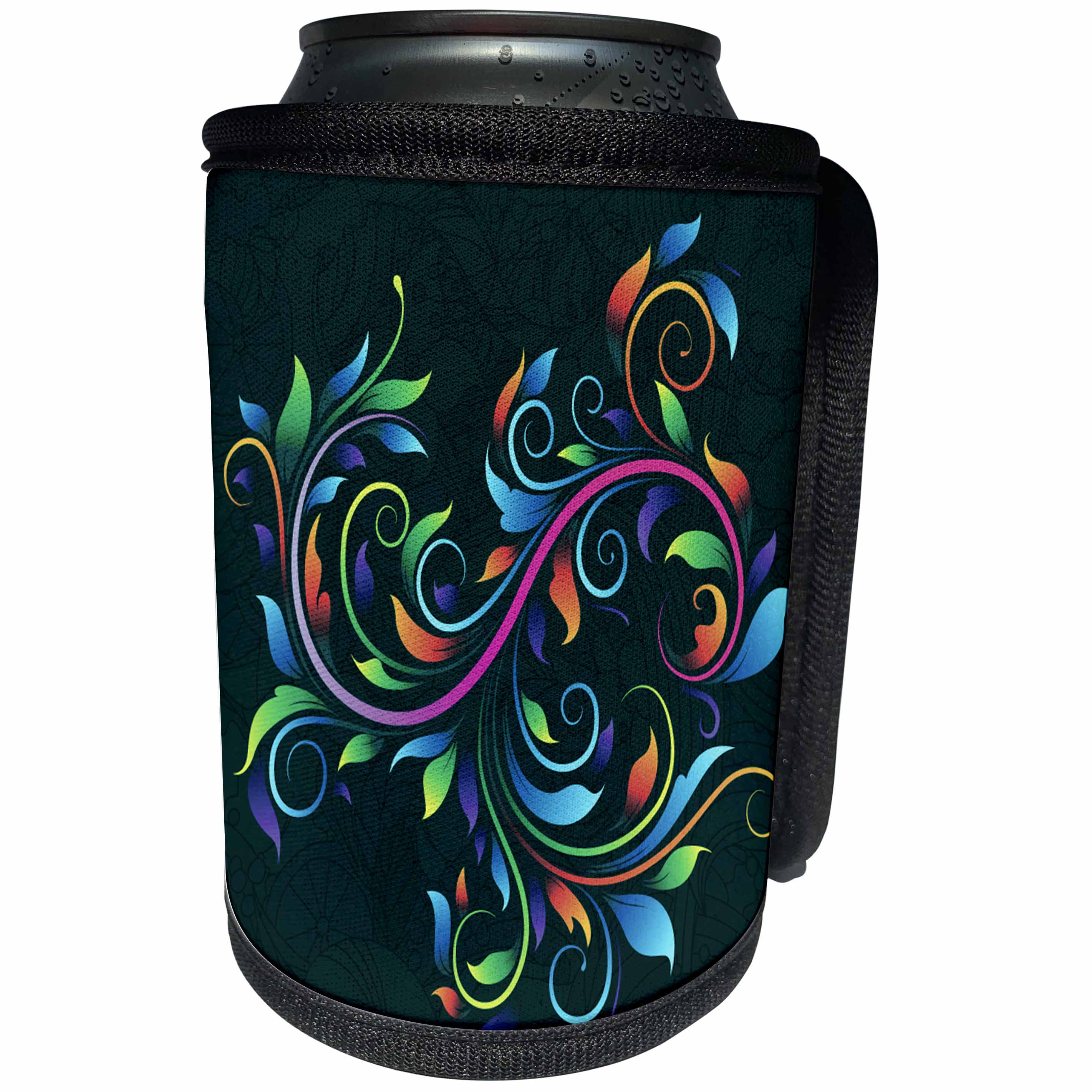 3dRose Anne Marie Baugh - Flourishes - Chic Colorful Leavy Flourish Against A Teal Background - Can Cooler Bottle Wrap (cc_236049)