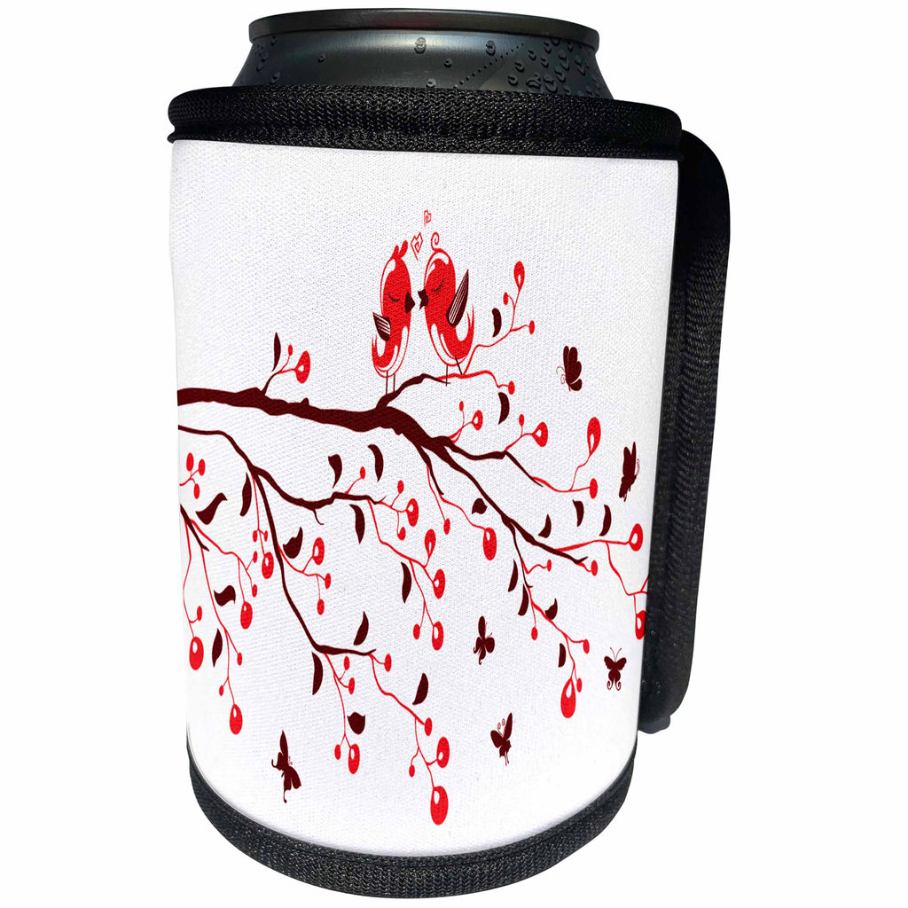 3dRose Anne Marie Baugh - Birds - Two Cute Love Birds In Red Sitting On A Branch - Can Cooler Bottle Wrap (cc_236056)