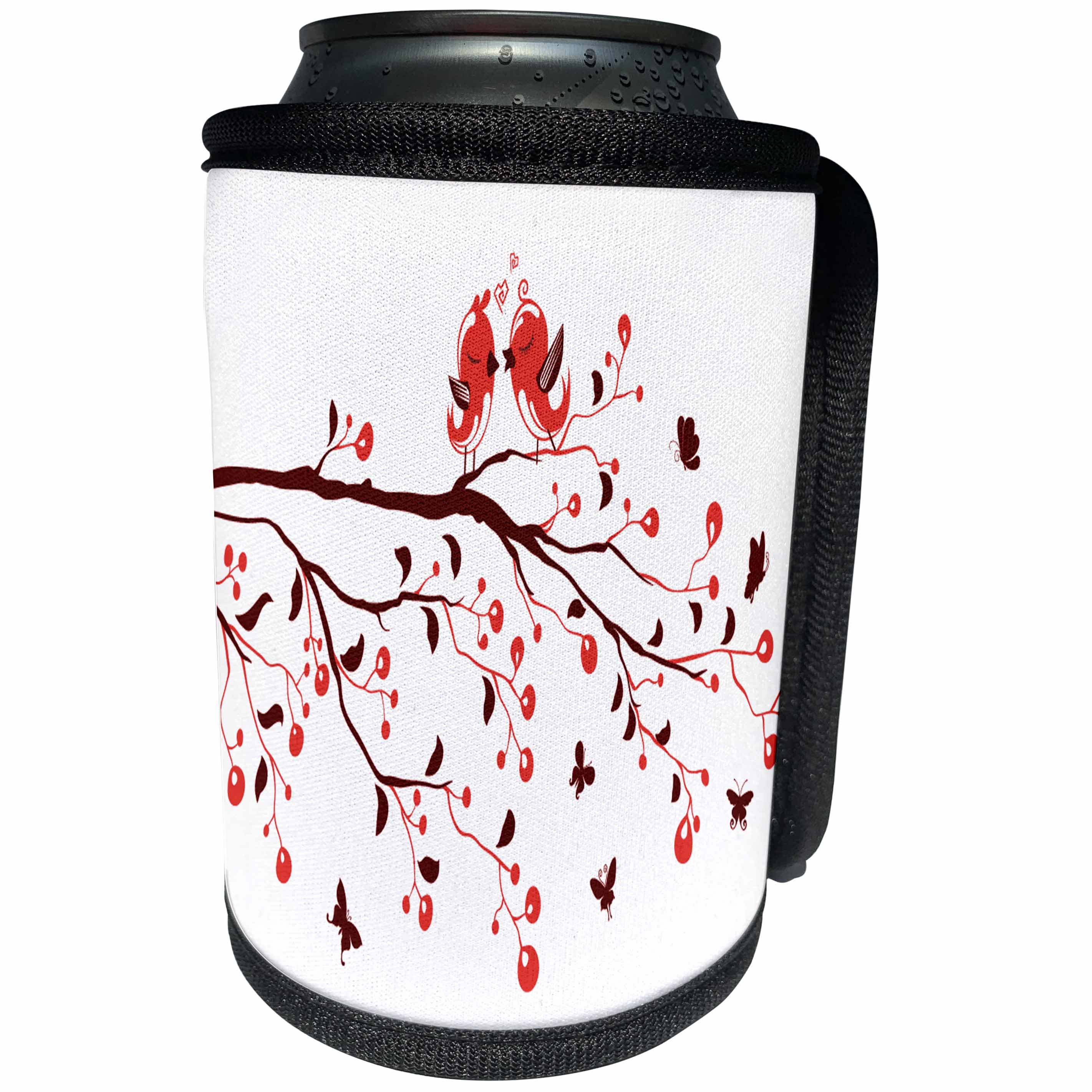 3dRose Anne Marie Baugh - Birds - Two Cute Love Birds In Red Sitting On A Branch - Can Cooler Bottle Wrap (cc_236056)