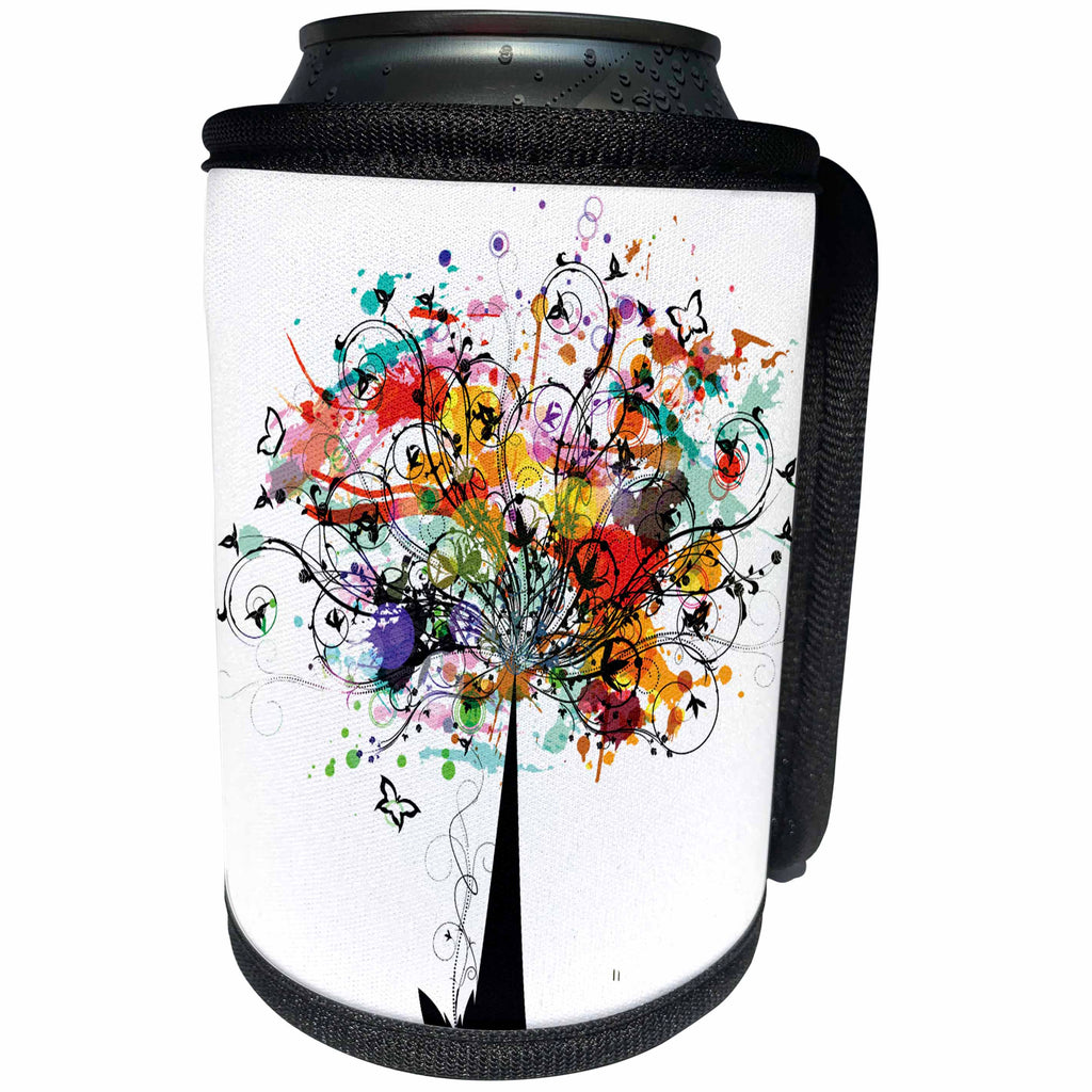 3dRose Anne Marie Baugh - Trees - A Contemporary Black Tree With A Flourish and Butterfly Top - Can Cooler Bottle Wrap (cc_236078)