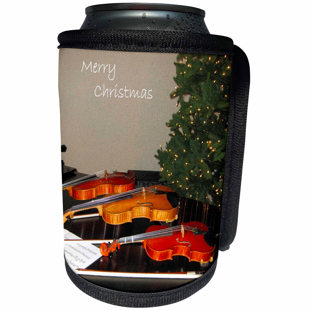 3dRose Patricia Sanders Christmas - Merry Christmas Tree and Violins - Can Cooler Bottle Wrap (cc_23652)