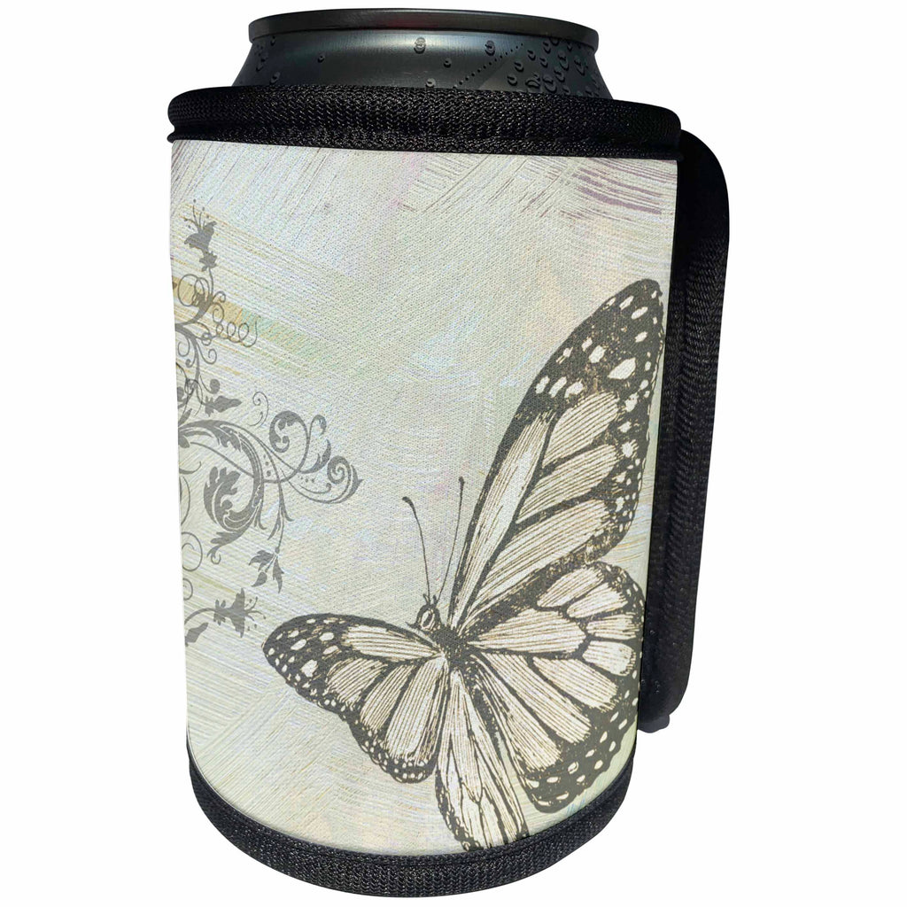 3dRose Sven Herkenrath Butterfly - Vintage Butterfly with Leaf - Can Cooler Bottle Wrap (cc_236754)
