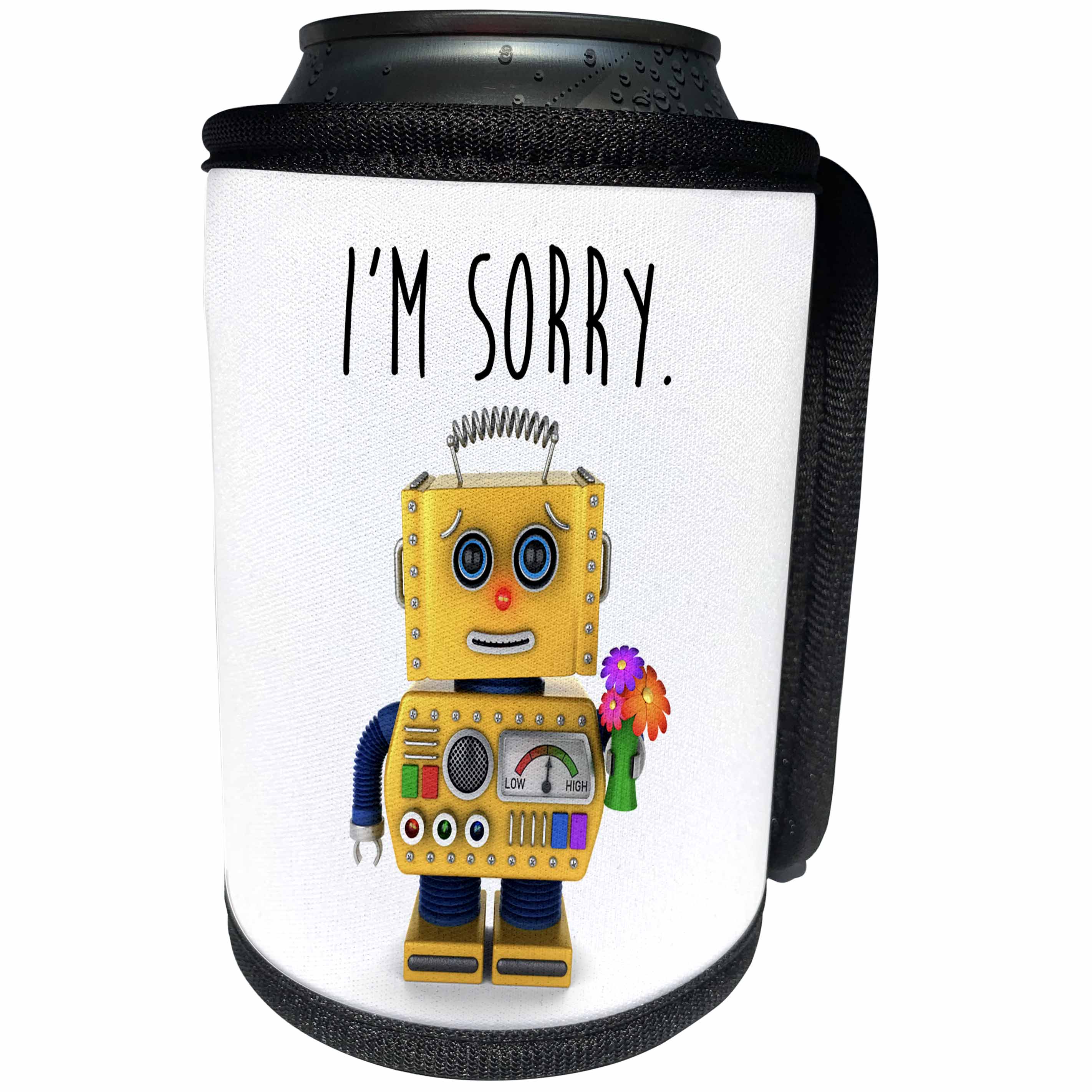 3dRose Carsten Reisinger - Illustrations - I am sorry toy robot with flowers - Can Cooler Bottle Wrap (cc_237320)