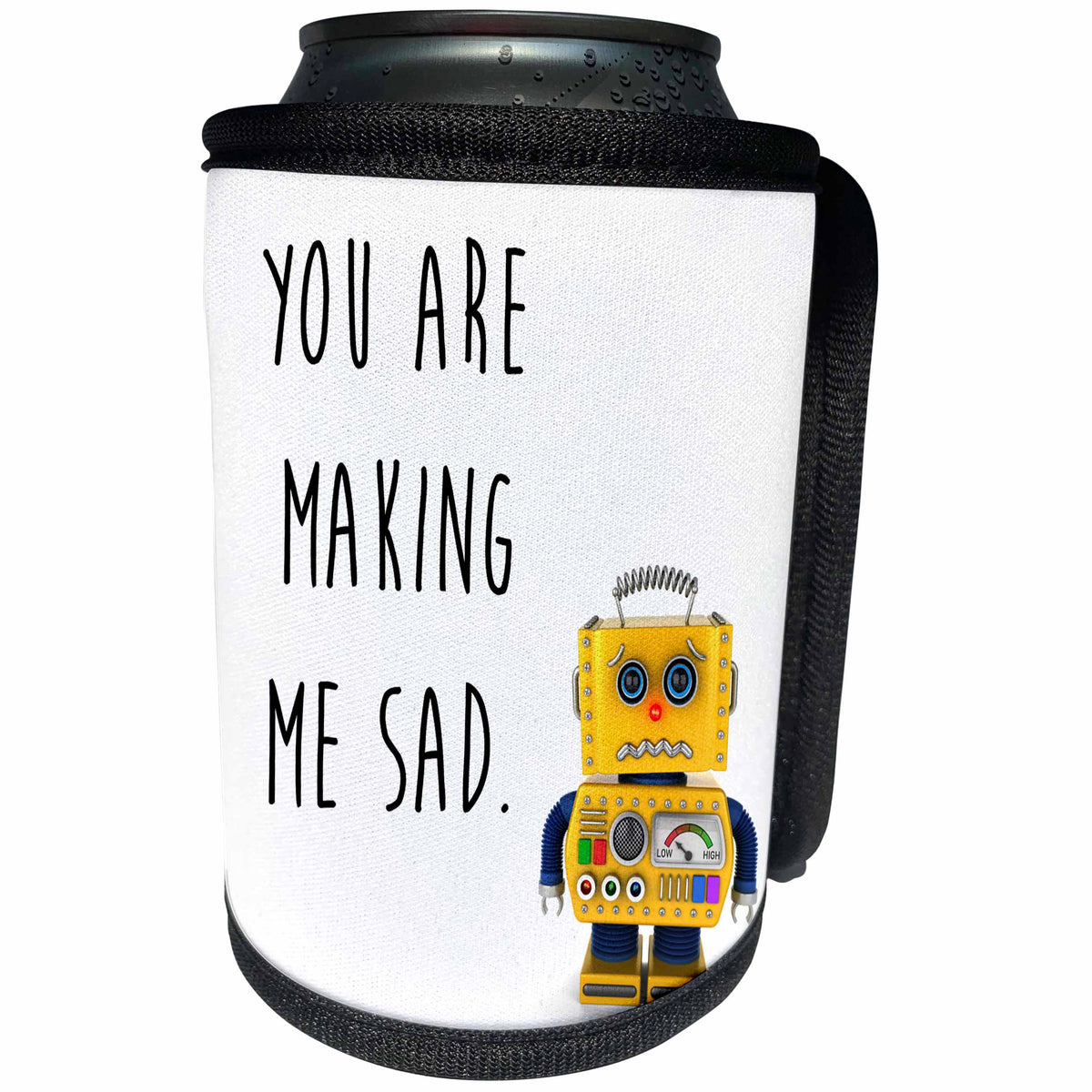3dRose Carsten Reisinger - Illustrations - You are making me sad. Unhappy toy robot. - Can Cooler Bottle Wrap (cc_237329)