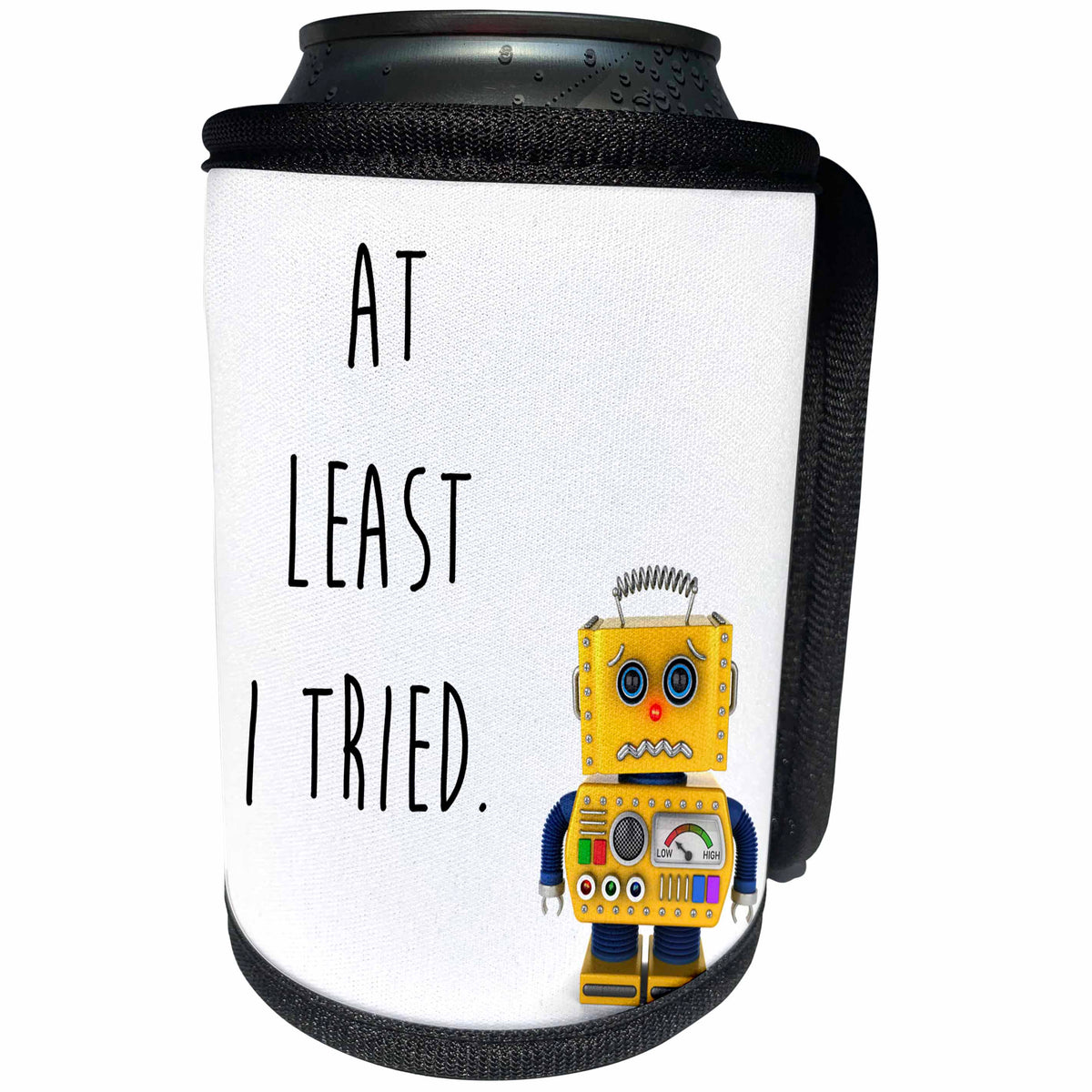 3dRose Carsten Reisinger - Illustrations - At least I tried unhappy toy robot - Can Cooler Bottle Wrap (cc_237331)