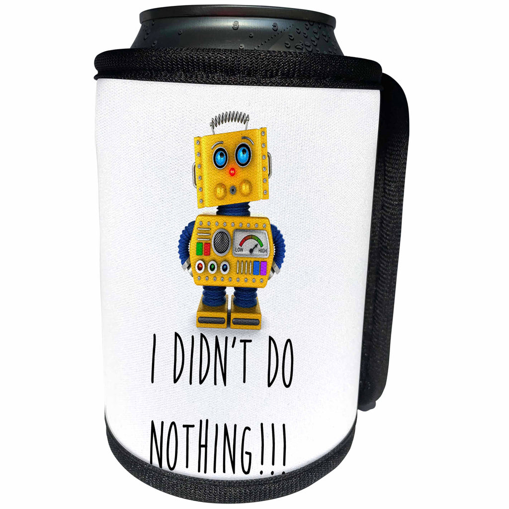 3dRose Carsten Reisinger - Illustrations - I did not do nothing. Innocent toy robot. - Can Cooler Bottle Wrap (cc_237366)