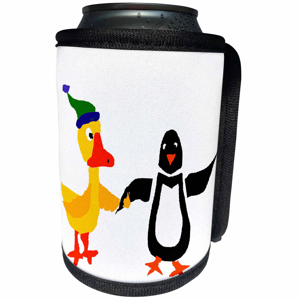 3dRose All Smiles Art Birds - Funny Duck in Knitted Cap Holding Hands with Penguin - Can Cooler Bottle Wrap (cc_238307)